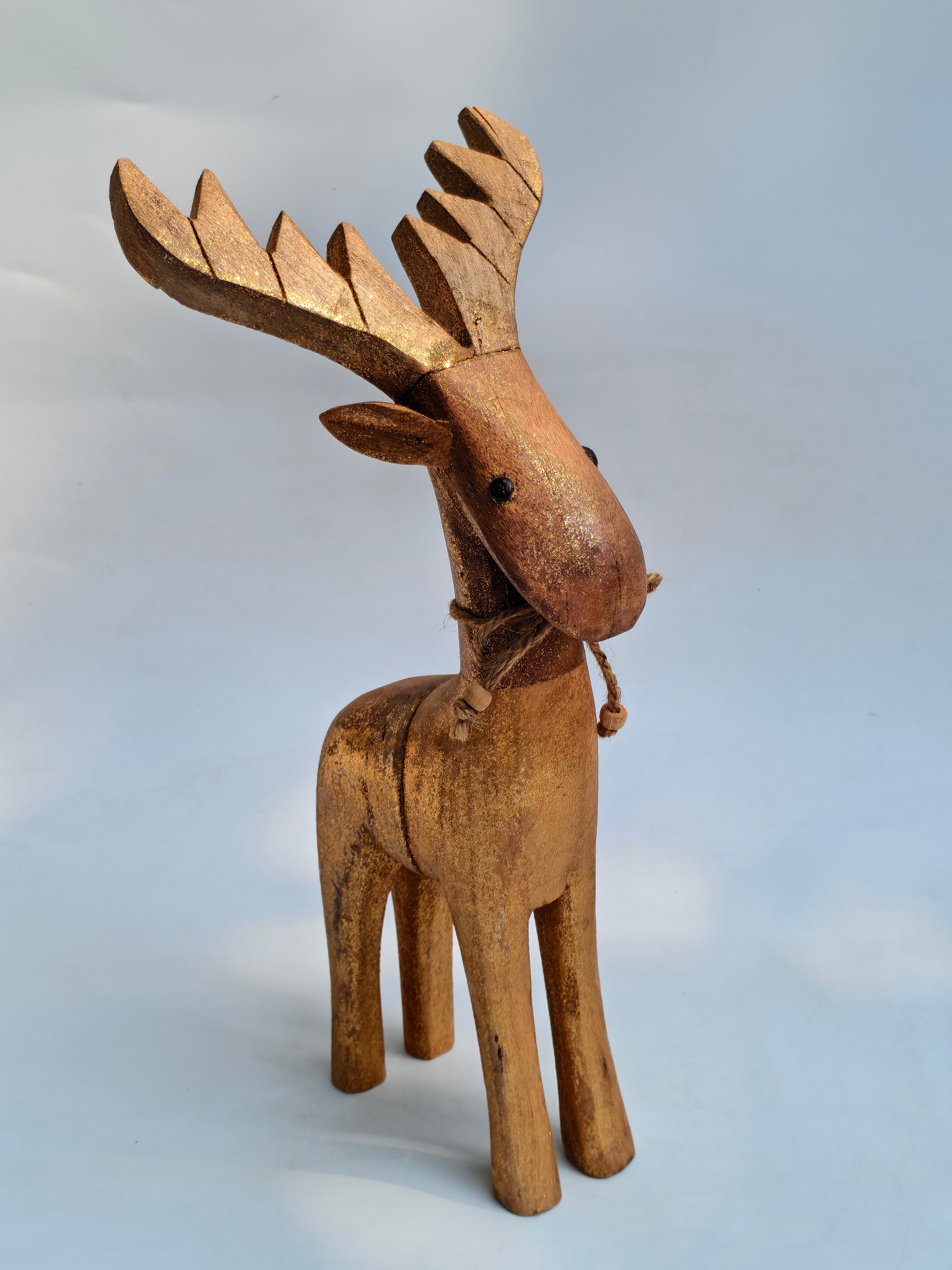 Handcrafted Wooden Reindeer Figurine | Rustic Gold Glitter Home Decor Accent