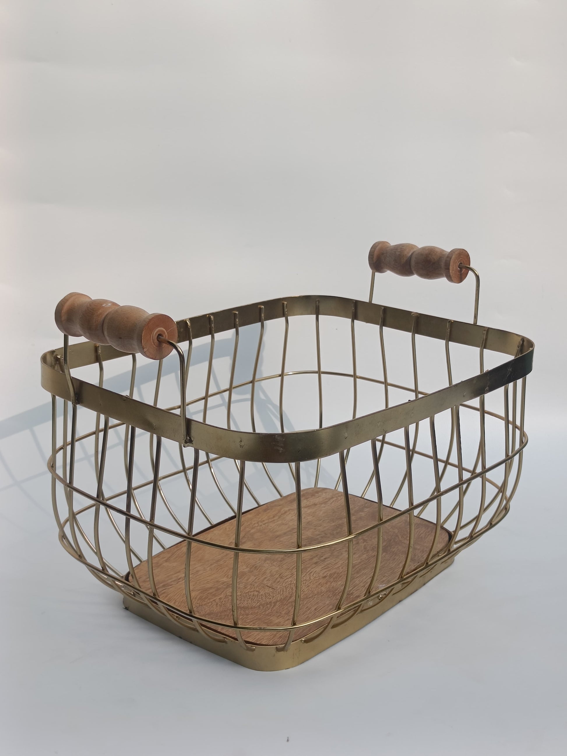 Vintage-Style Metal Wire Storage Basket with Wooden Base & Handles