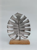 Silver Monstera Leaf on Wooden Base
