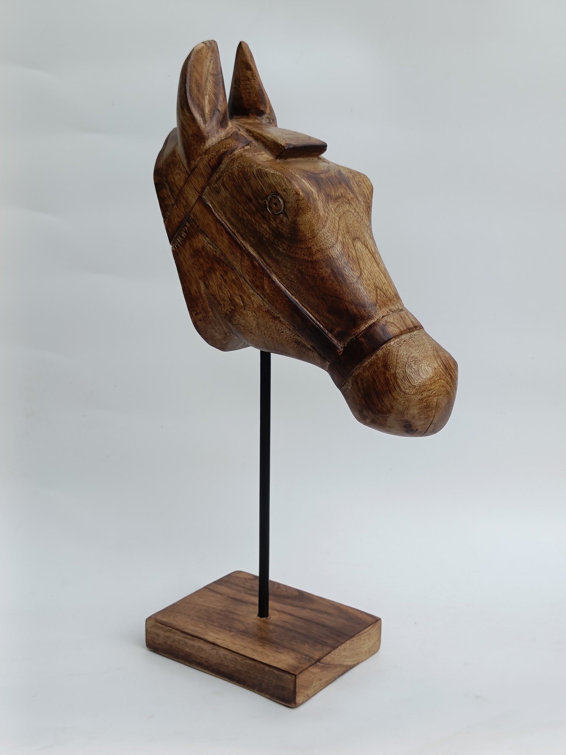 Handcrafted Wooden Horse Head Sculpture on Stand – Equestrian Art Décor
