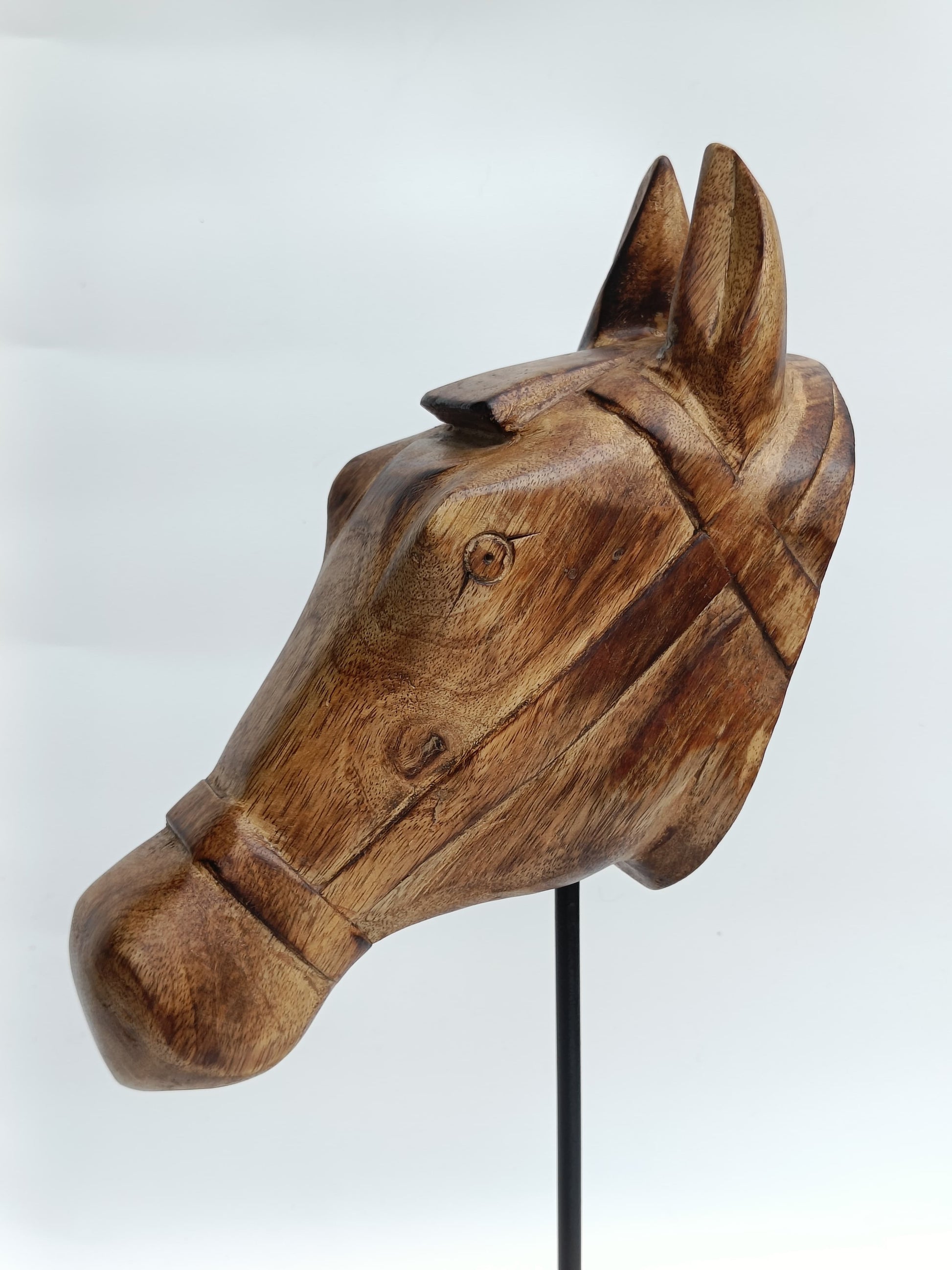 Handcrafted Wooden Horse Head Sculpture on Stand – Equestrian Art Décor