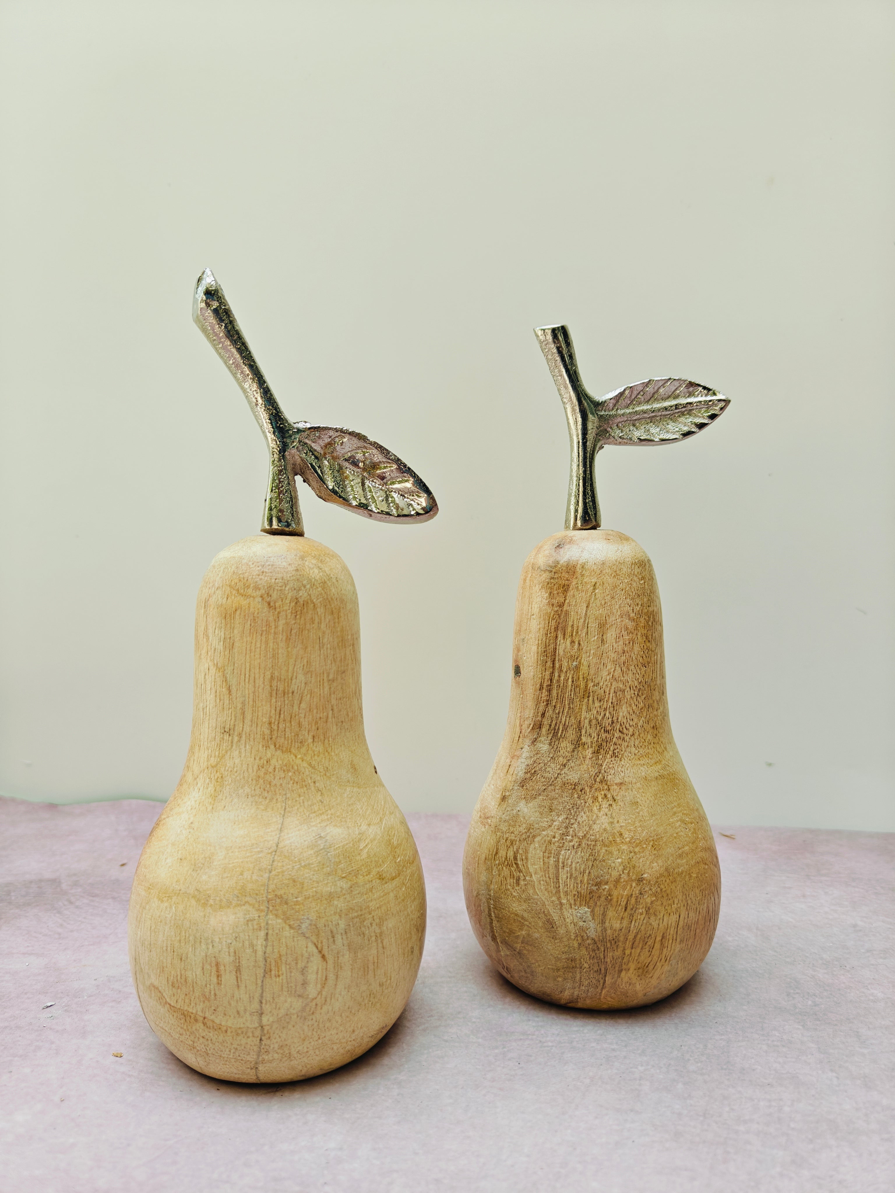 Handcrafted Wooden Pear with Metallic Leaf – Elegant Tabletop Accent