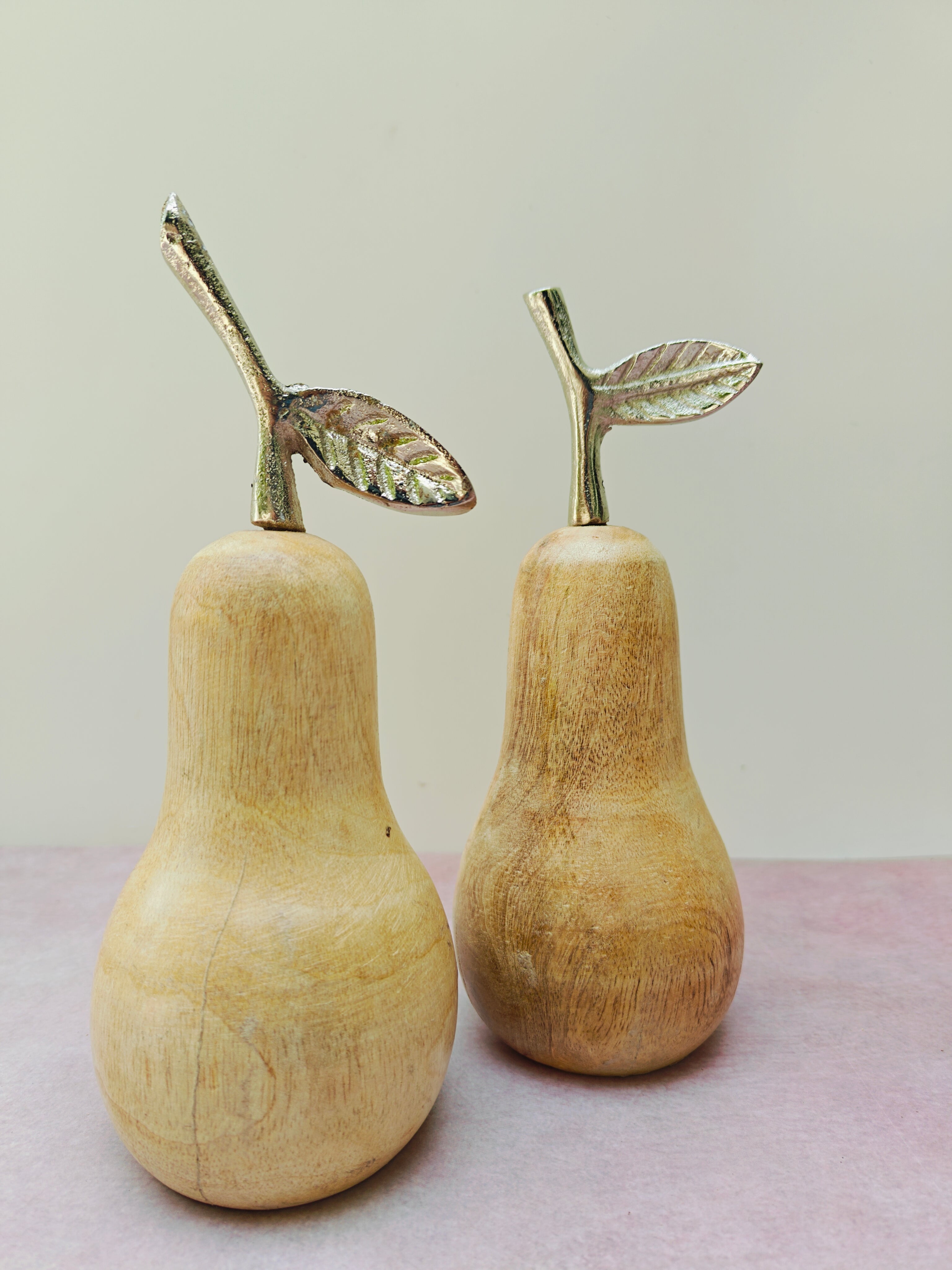 Handcrafted Wooden Pear with Metallic Leaf – Elegant Tabletop Accent