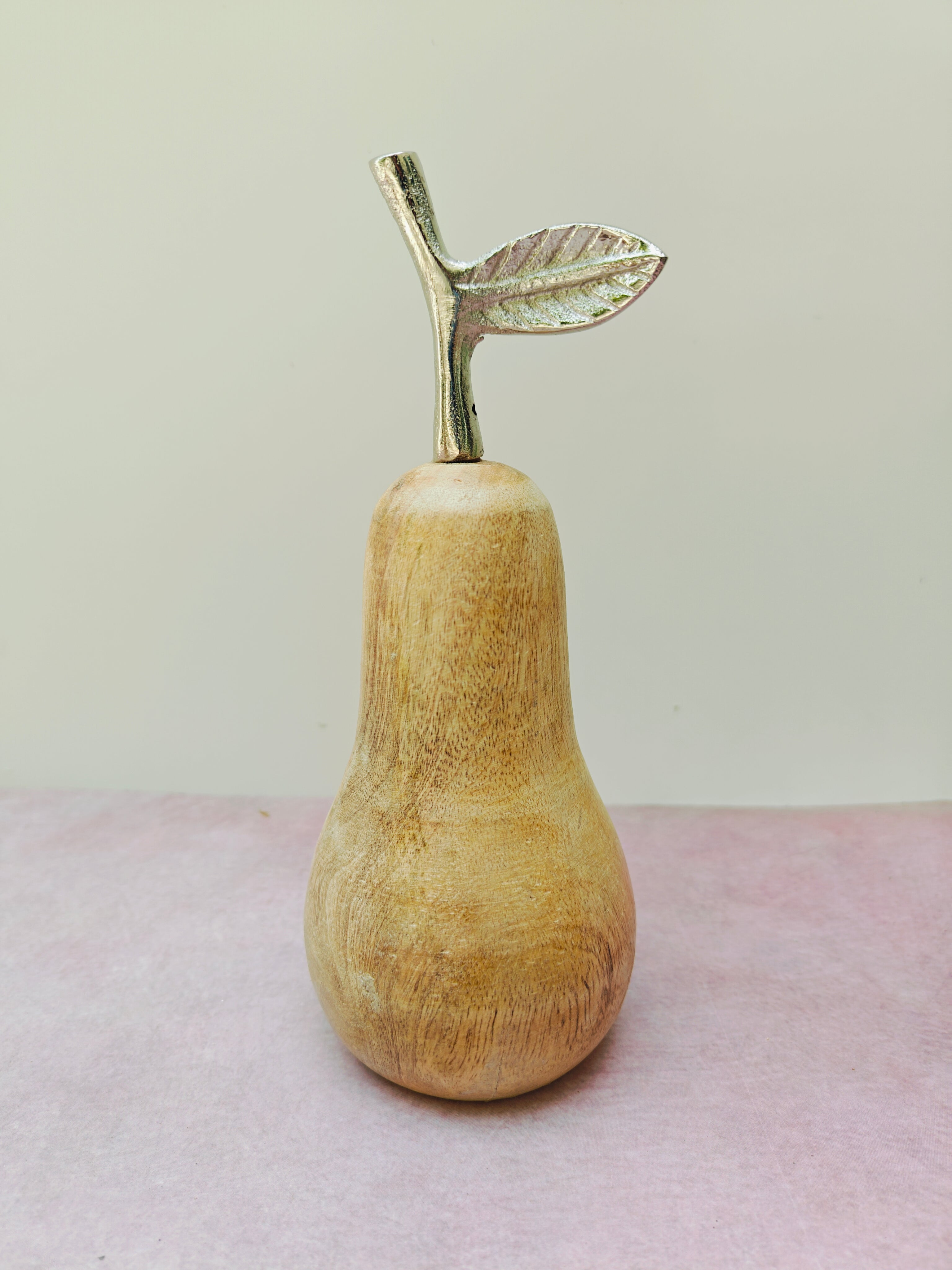 Handcrafted Wooden Pear with Metallic Leaf – Elegant Tabletop Accent