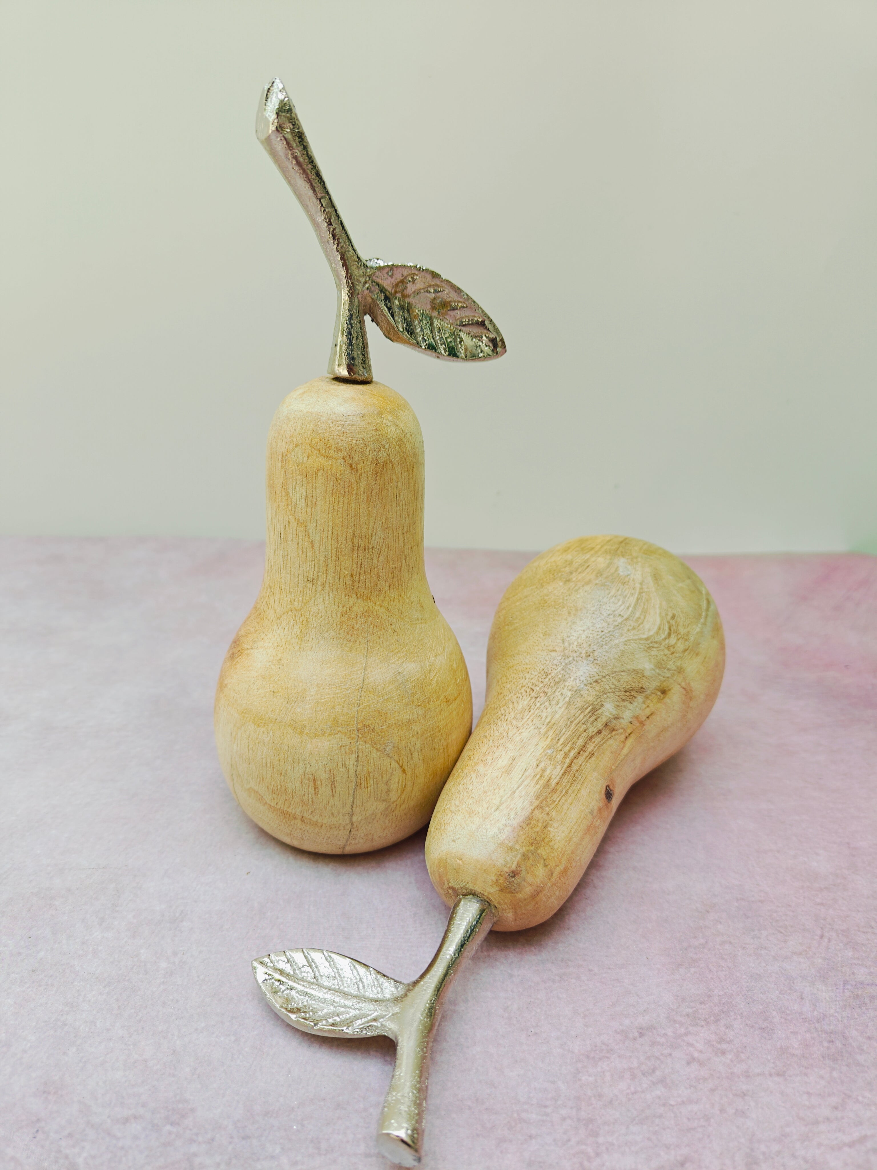 Handcrafted Wooden Pear with Metallic Leaf – Elegant Tabletop Accent