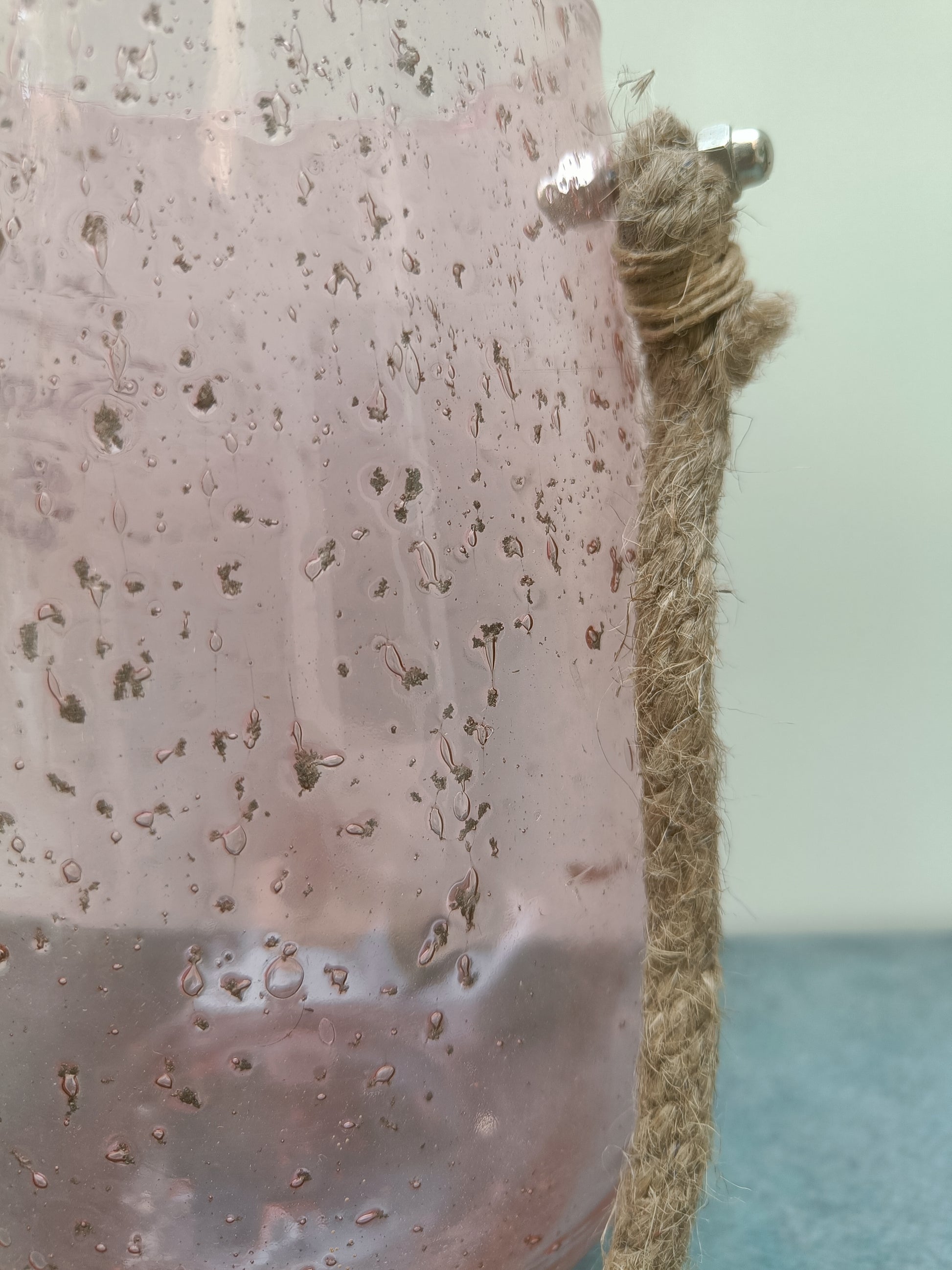Handmade Pink Bubble Glass Vase with Rope Handle