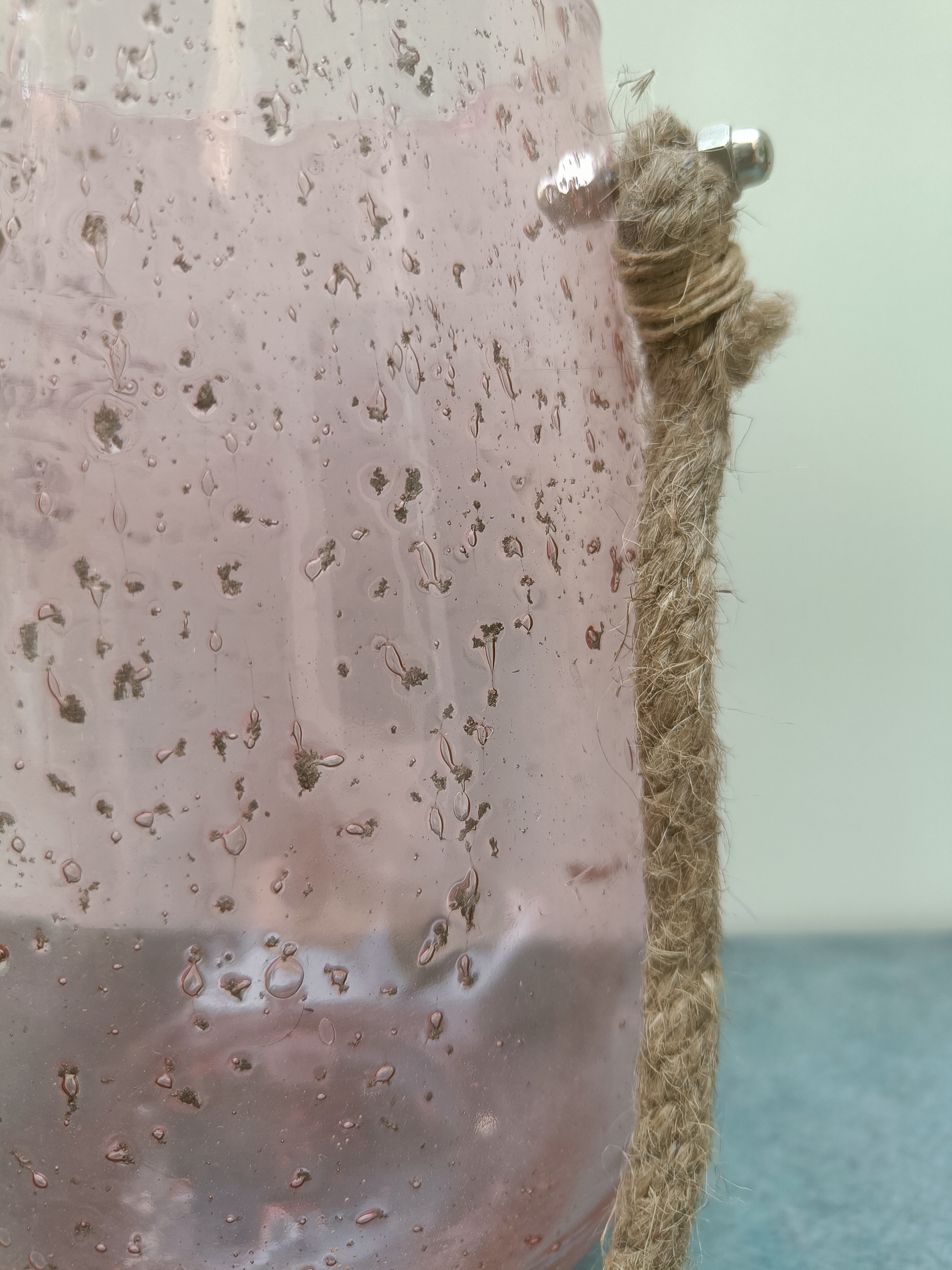 Handmade Pink Bubble Glass Vase with Rope Handle