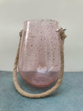 Handmade Pink Bubble Glass Vase with Rope Handle