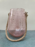 Handmade Pink Bubble Glass Vase with Rope Handle