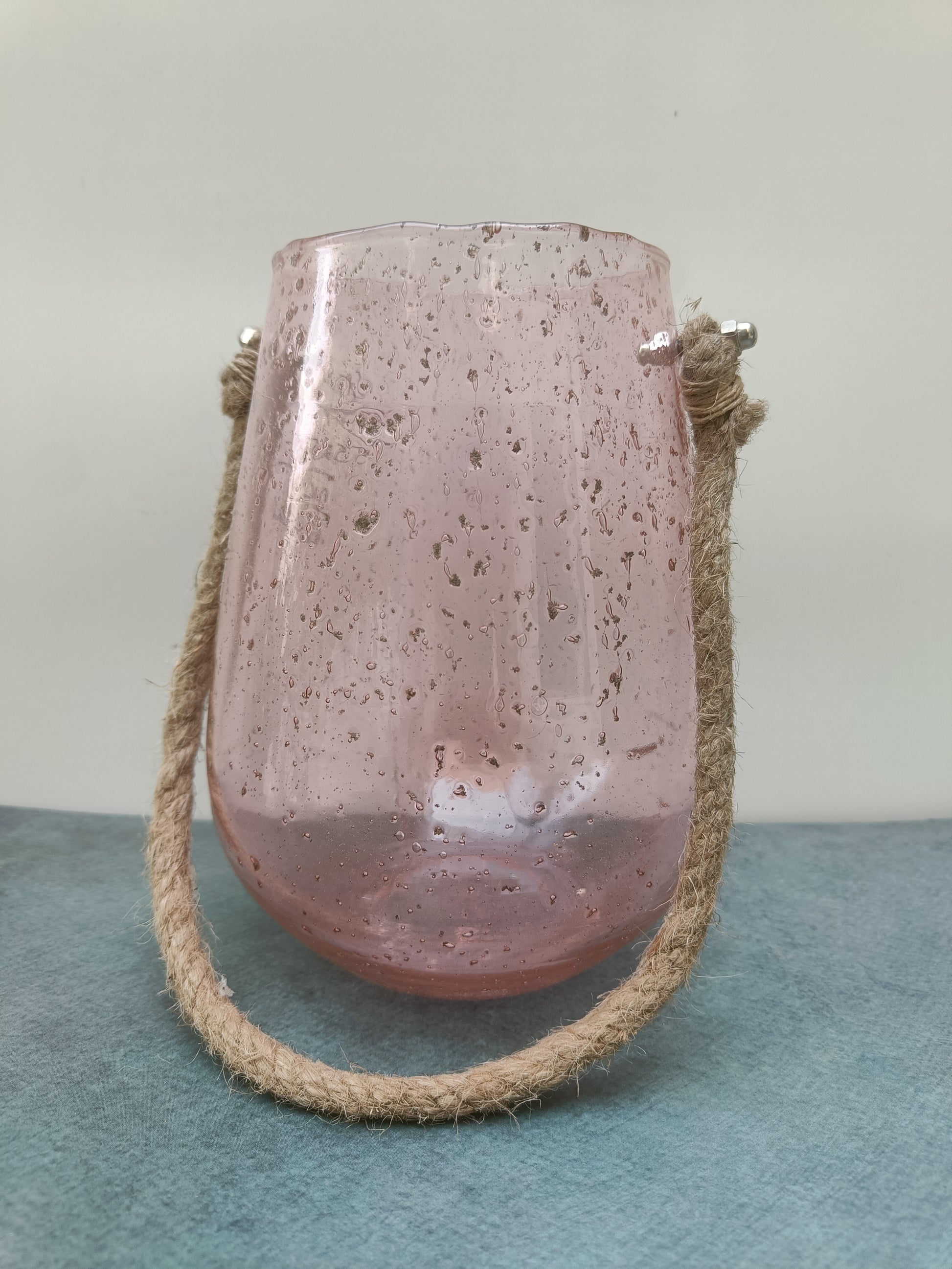 Handmade Pink Bubble Glass Vase with Rope Handle