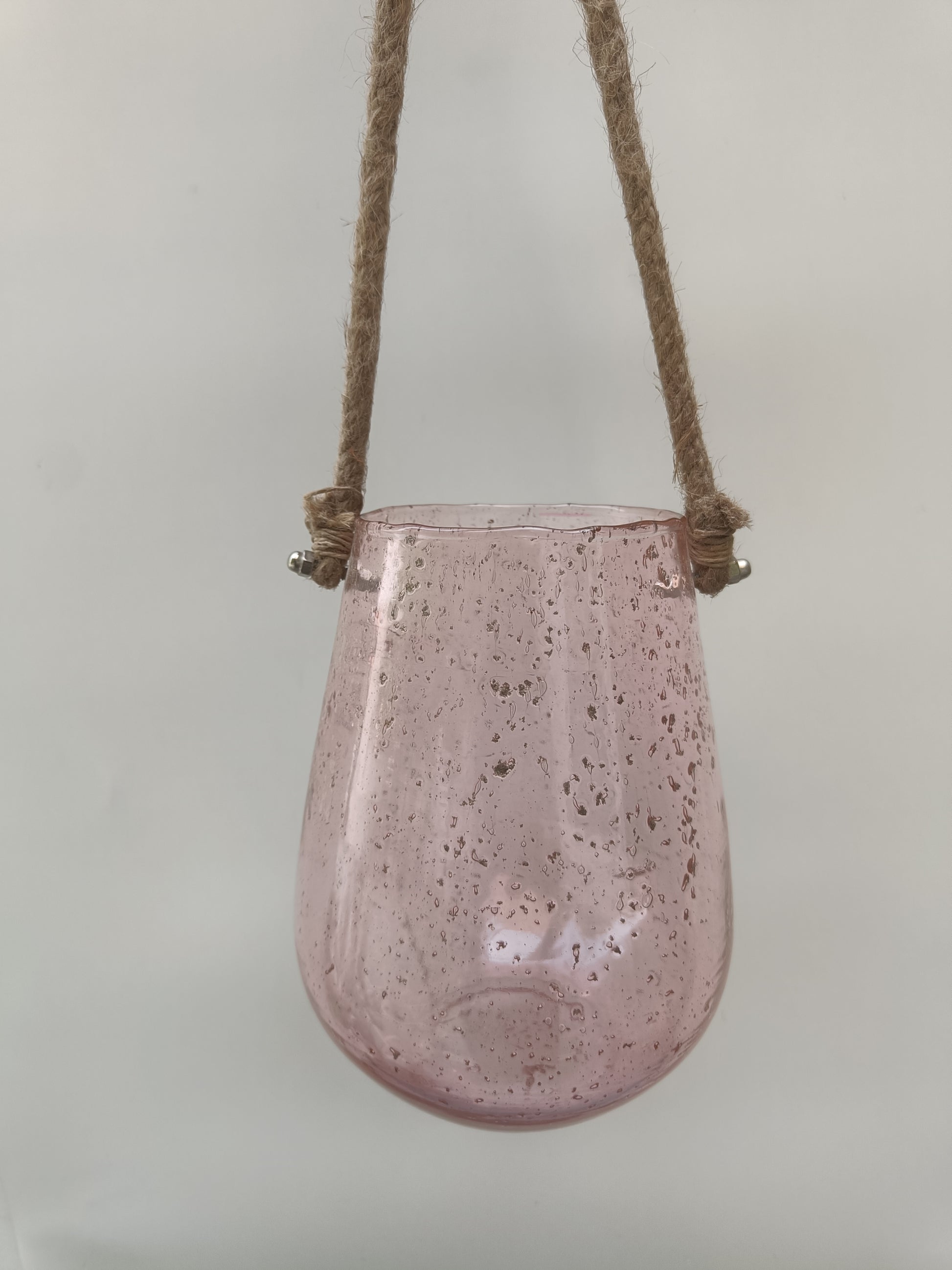 Handmade Pink Bubble Glass Vase with Rope Handle