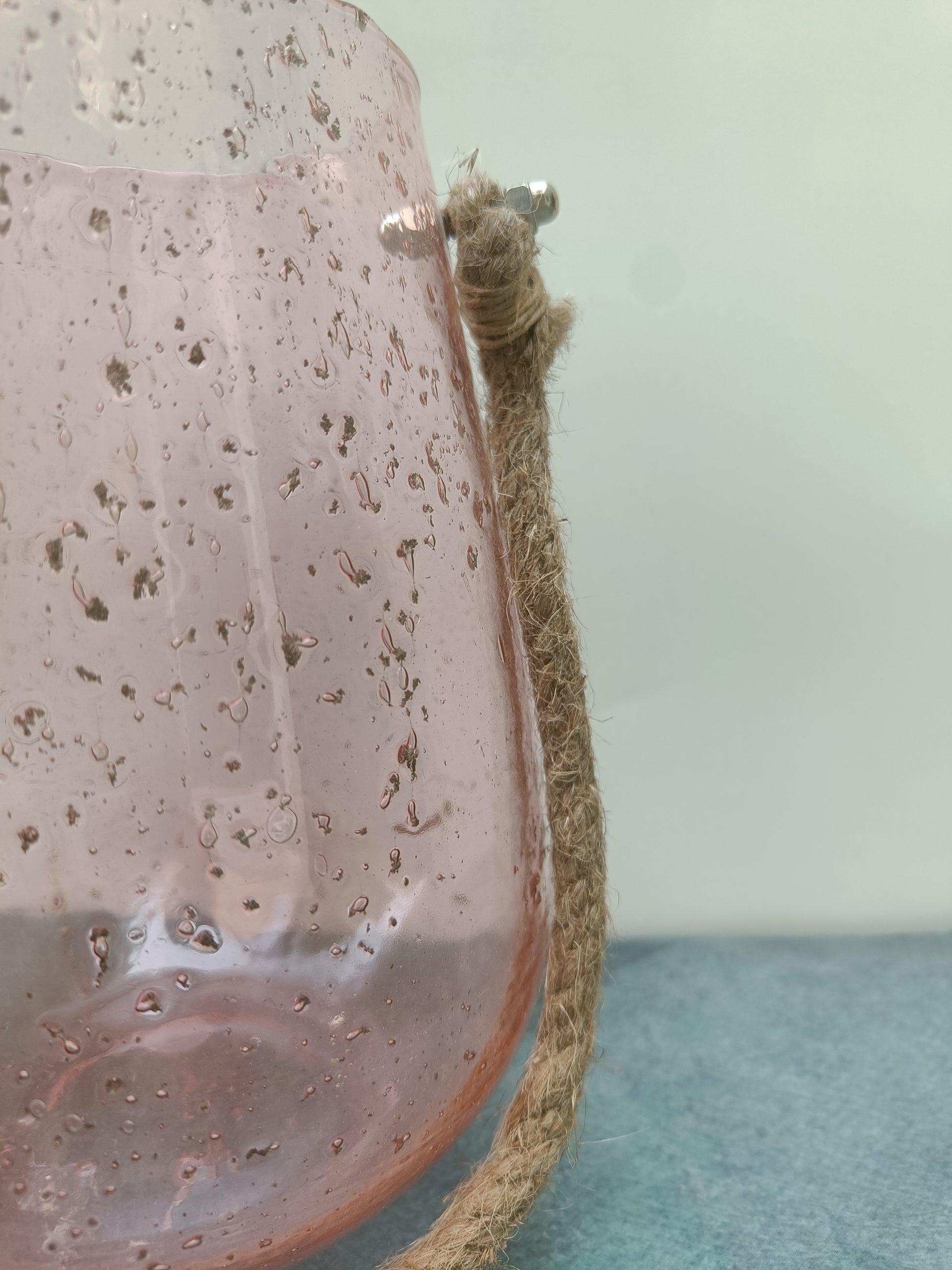 Handmade Pink Bubble Glass Vase with Rope Handle