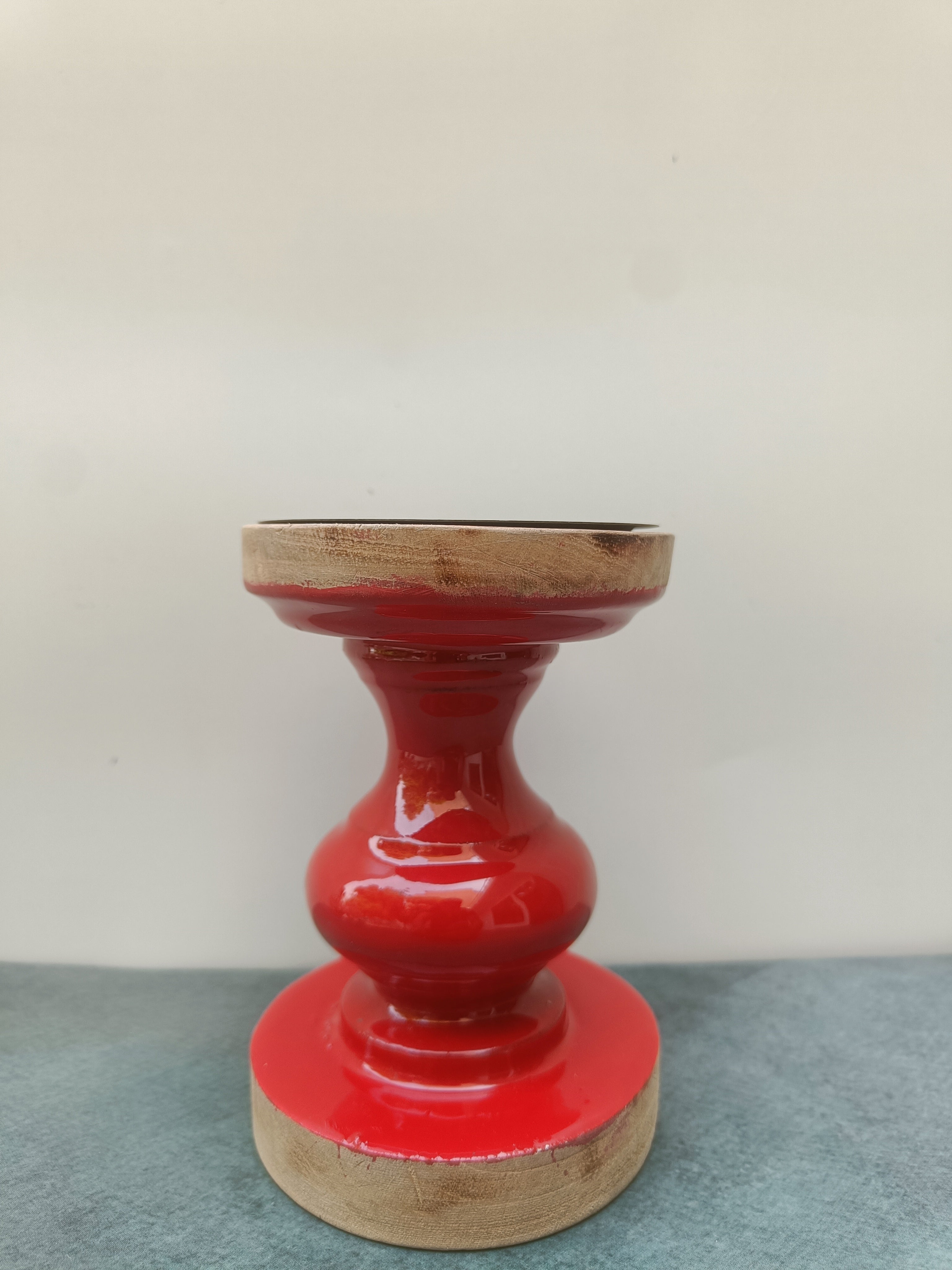 Red Ceramic & Wood Pedestal Stand – Accent Riser