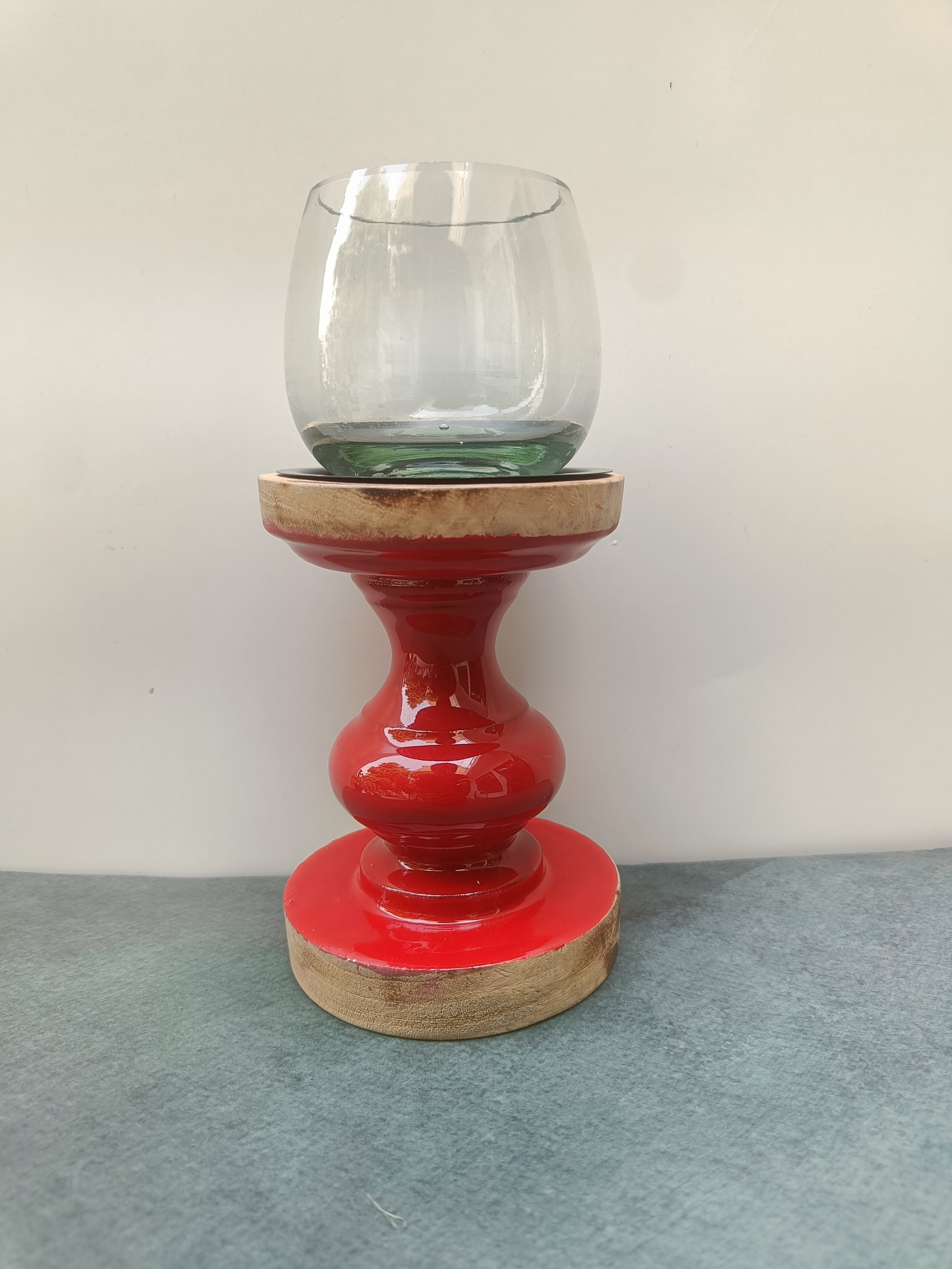 Red Ceramic & Wood Pedestal Stand – Accent Riser
