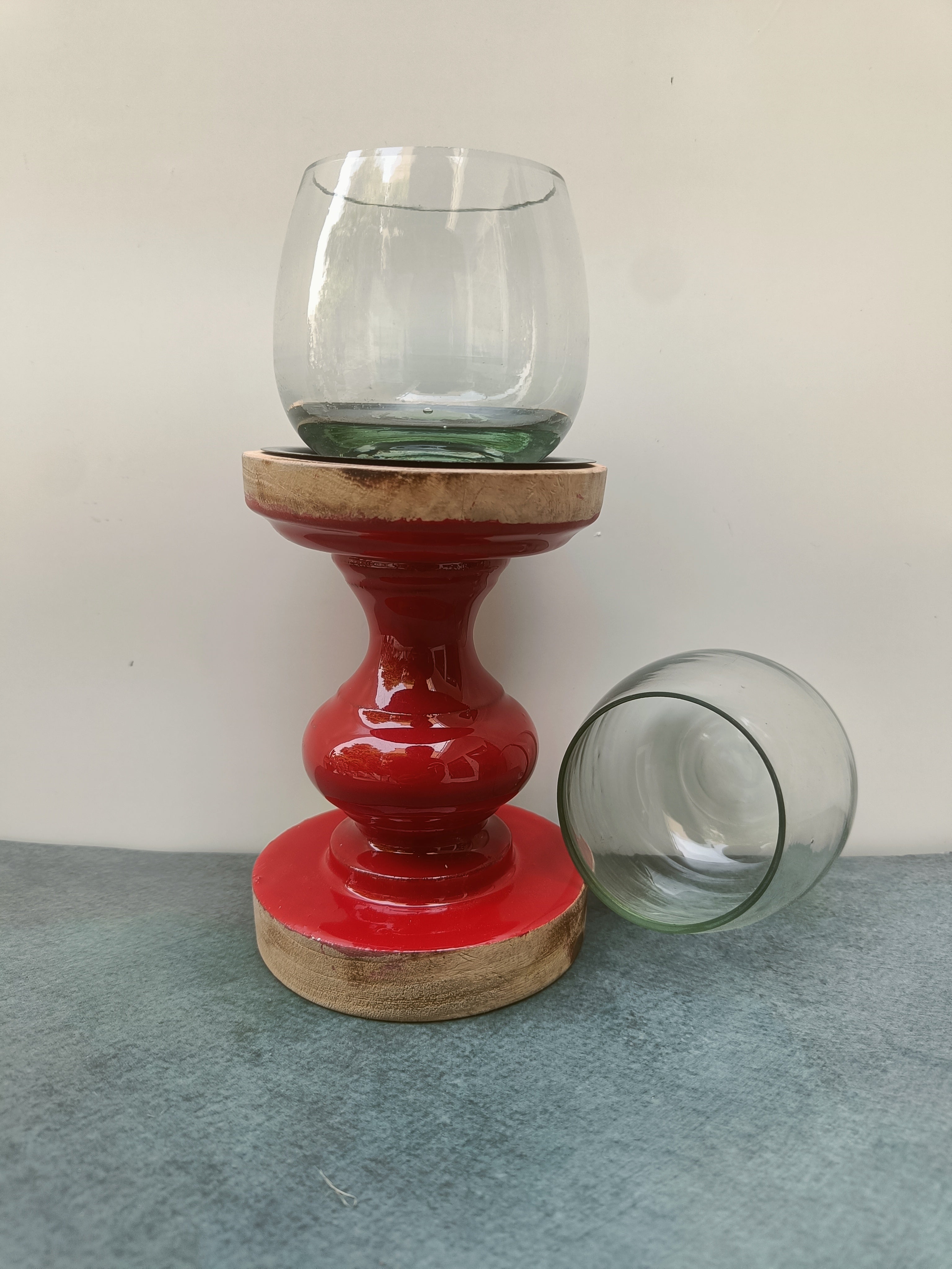 Red Ceramic & Wood Pedestal Stand – Accent Riser