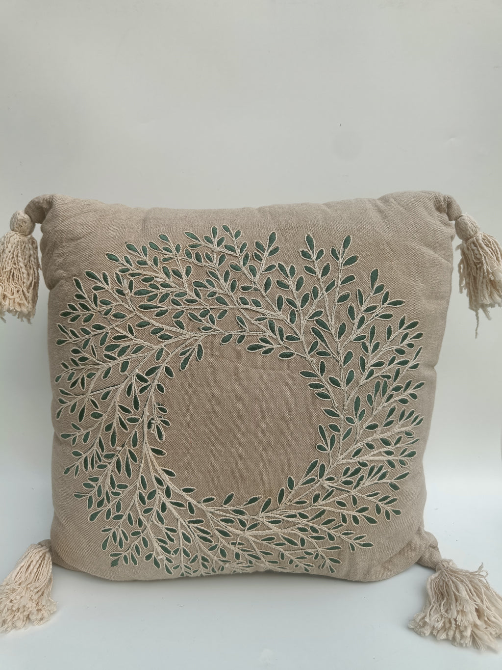Embroidered Linen Cushion Cover with Tassels