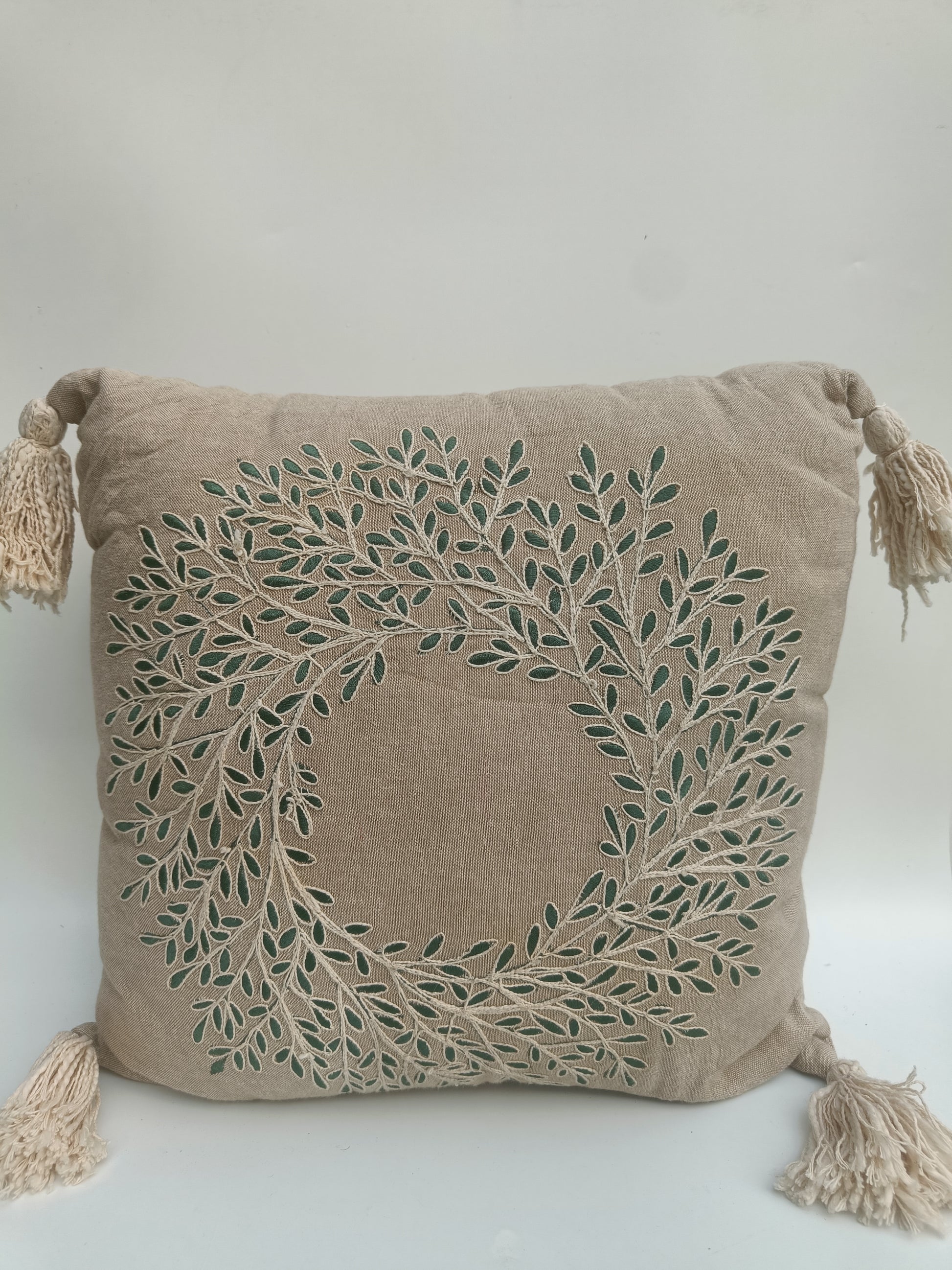 Embroidered Linen Cushion Cover with Tassels