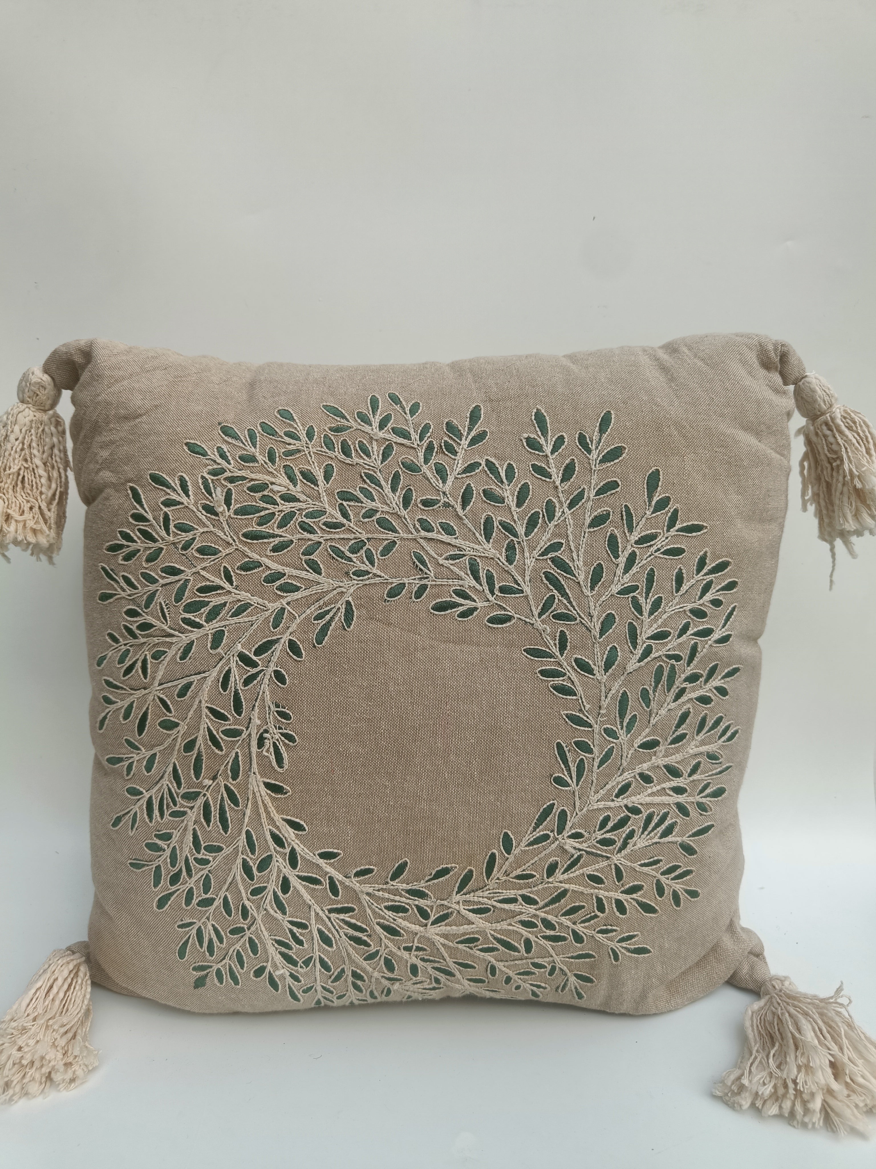 Embroidered Linen Cushion Cover with Tassels