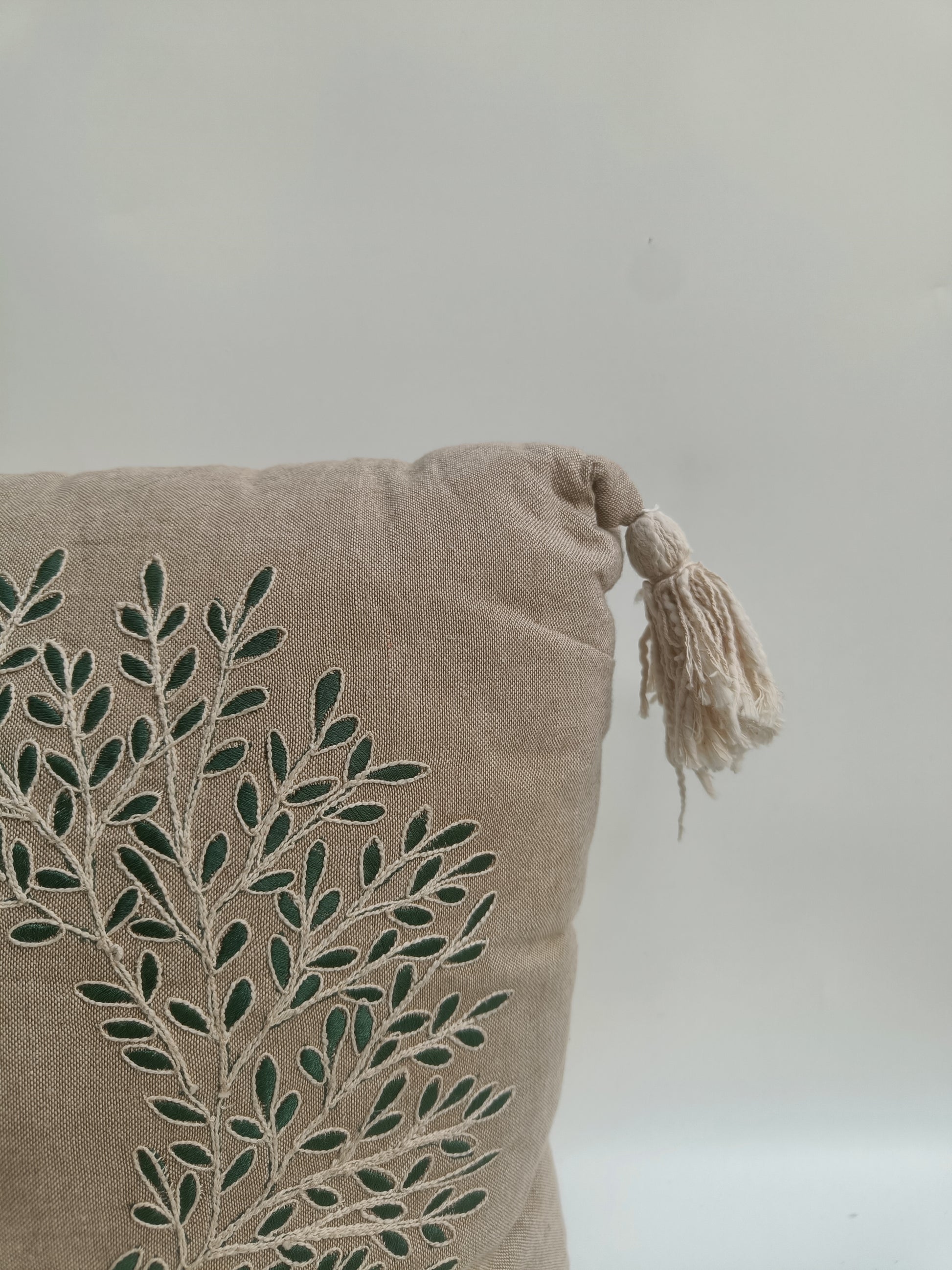 Embroidered Linen Cushion Cover with Tassels