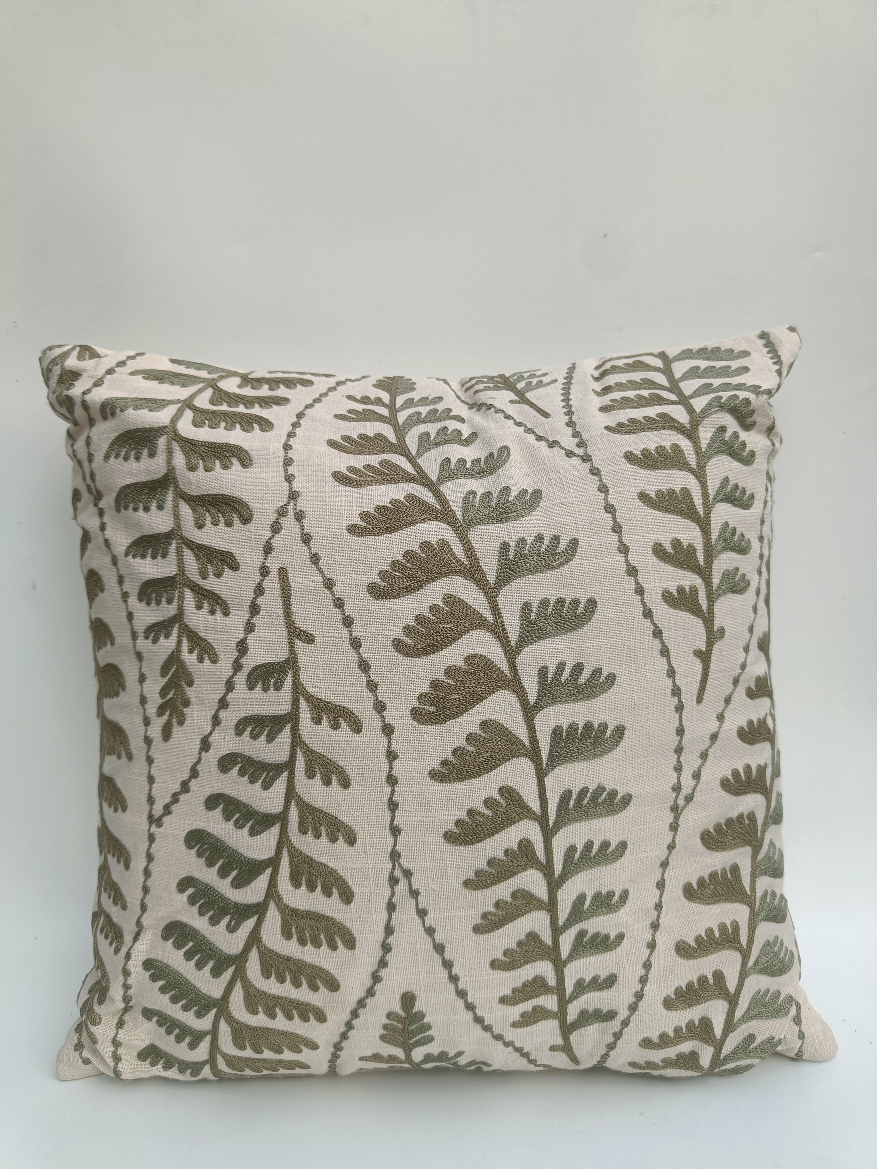 Botanical Fern Embroidered Cushion – Nature-Inspired Accent Pillow