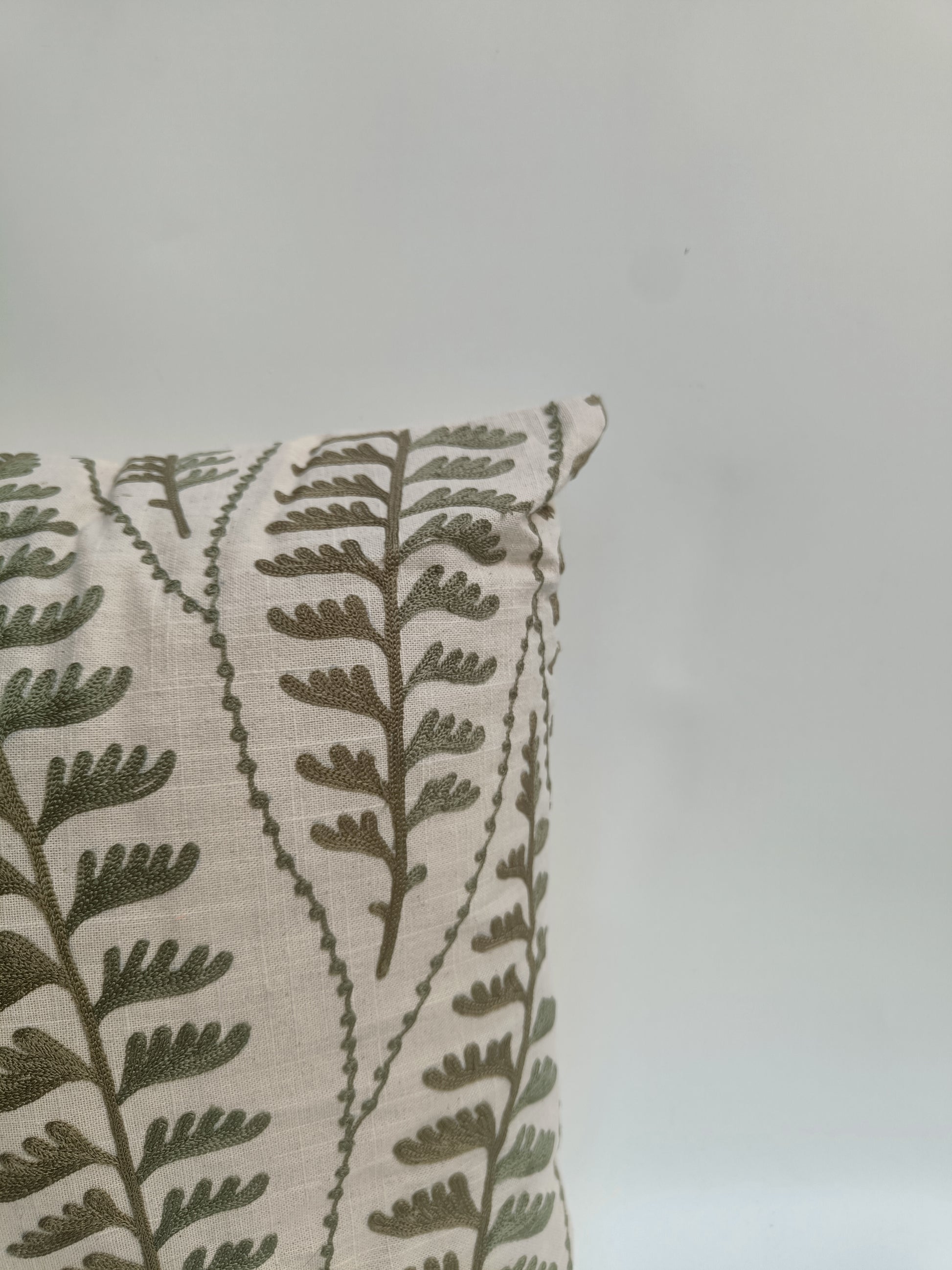 Botanical Fern Embroidered Cushion – Nature-Inspired Accent Pillow
