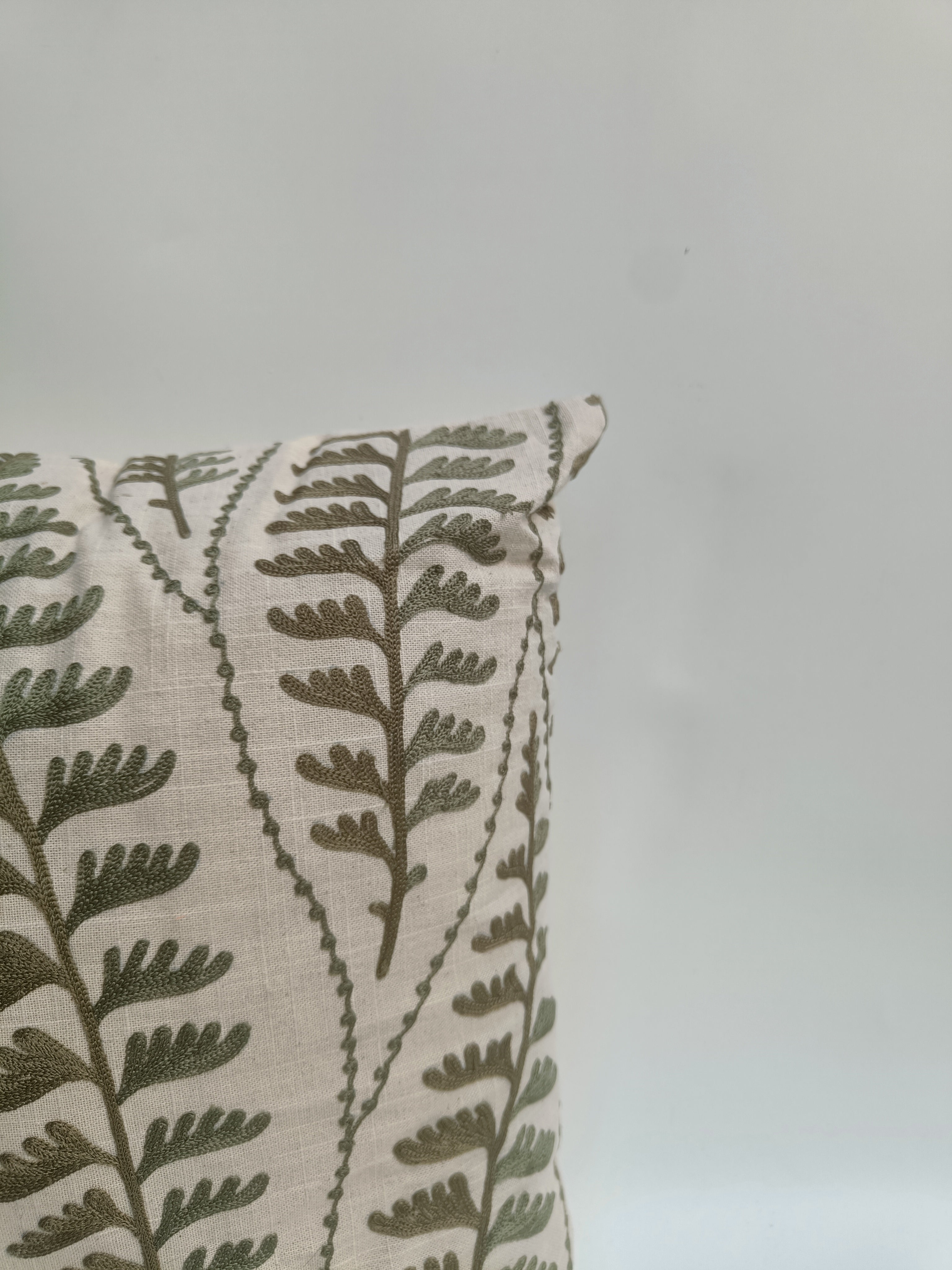 Botanical Fern Embroidered Cushion – Nature-Inspired Accent Pillow