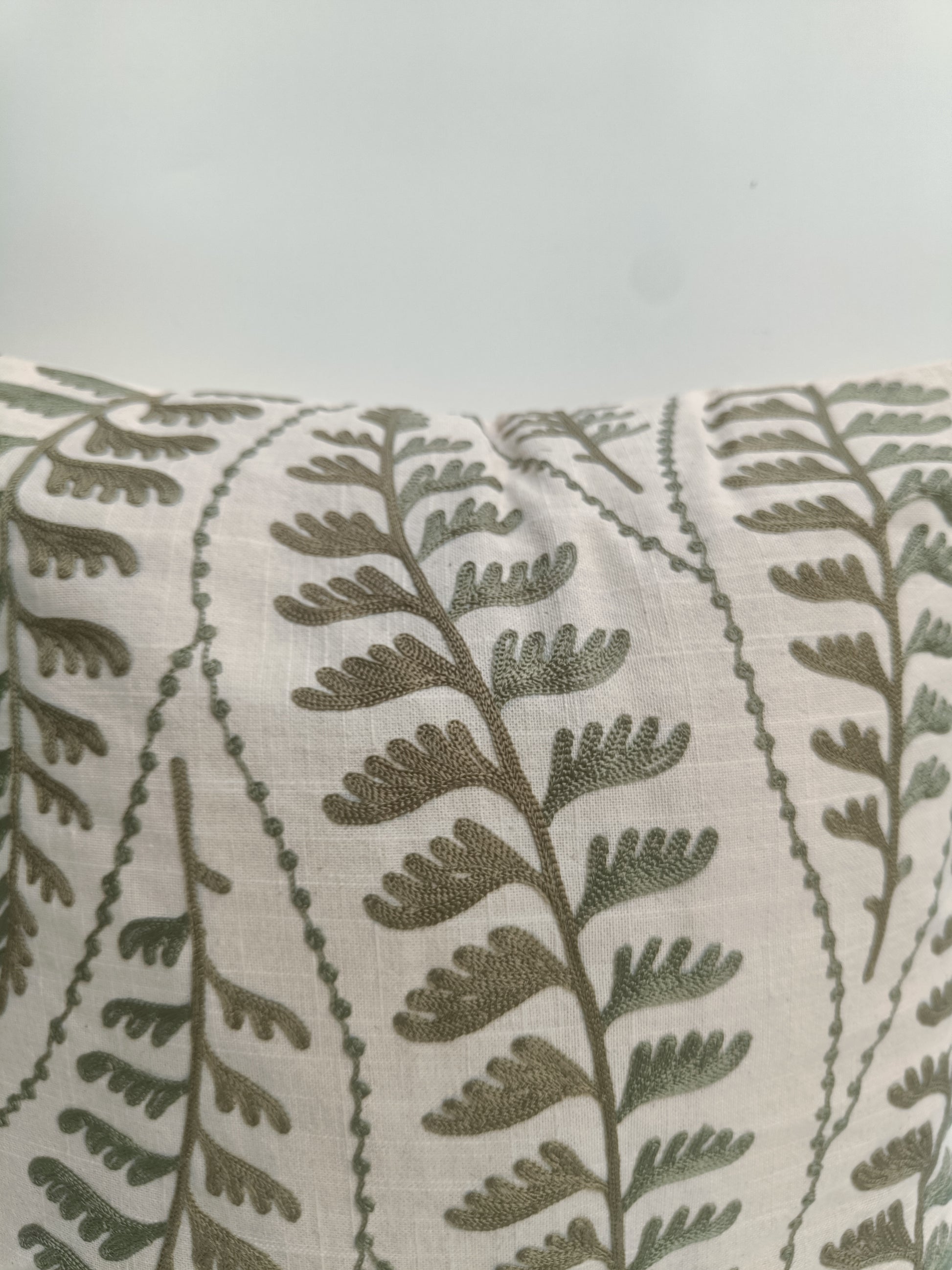 Botanical Fern Embroidered Cushion – Nature-Inspired Accent Pillow