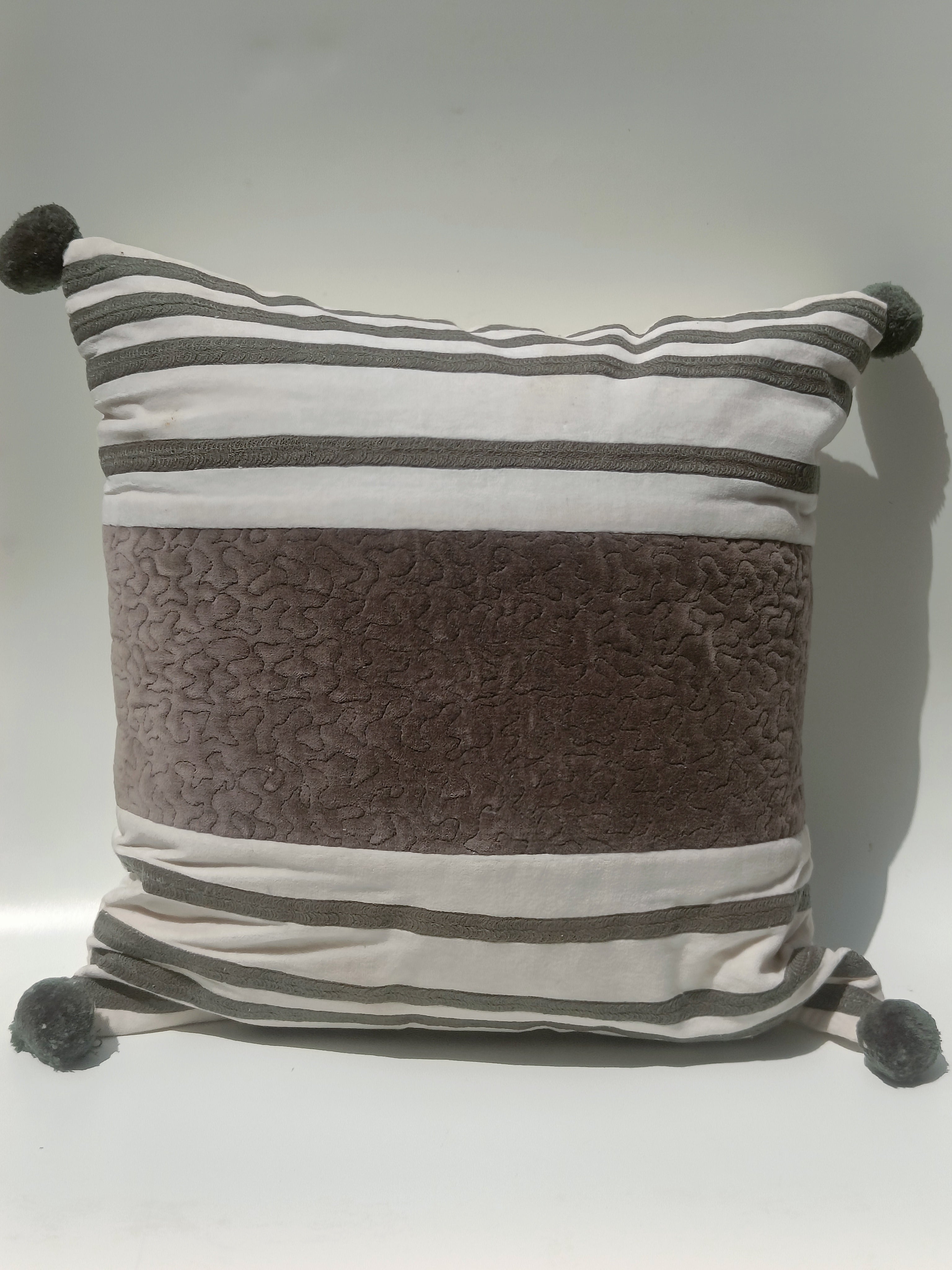 Elegant Velvet Striped Cushion with Pom-Pom Corners