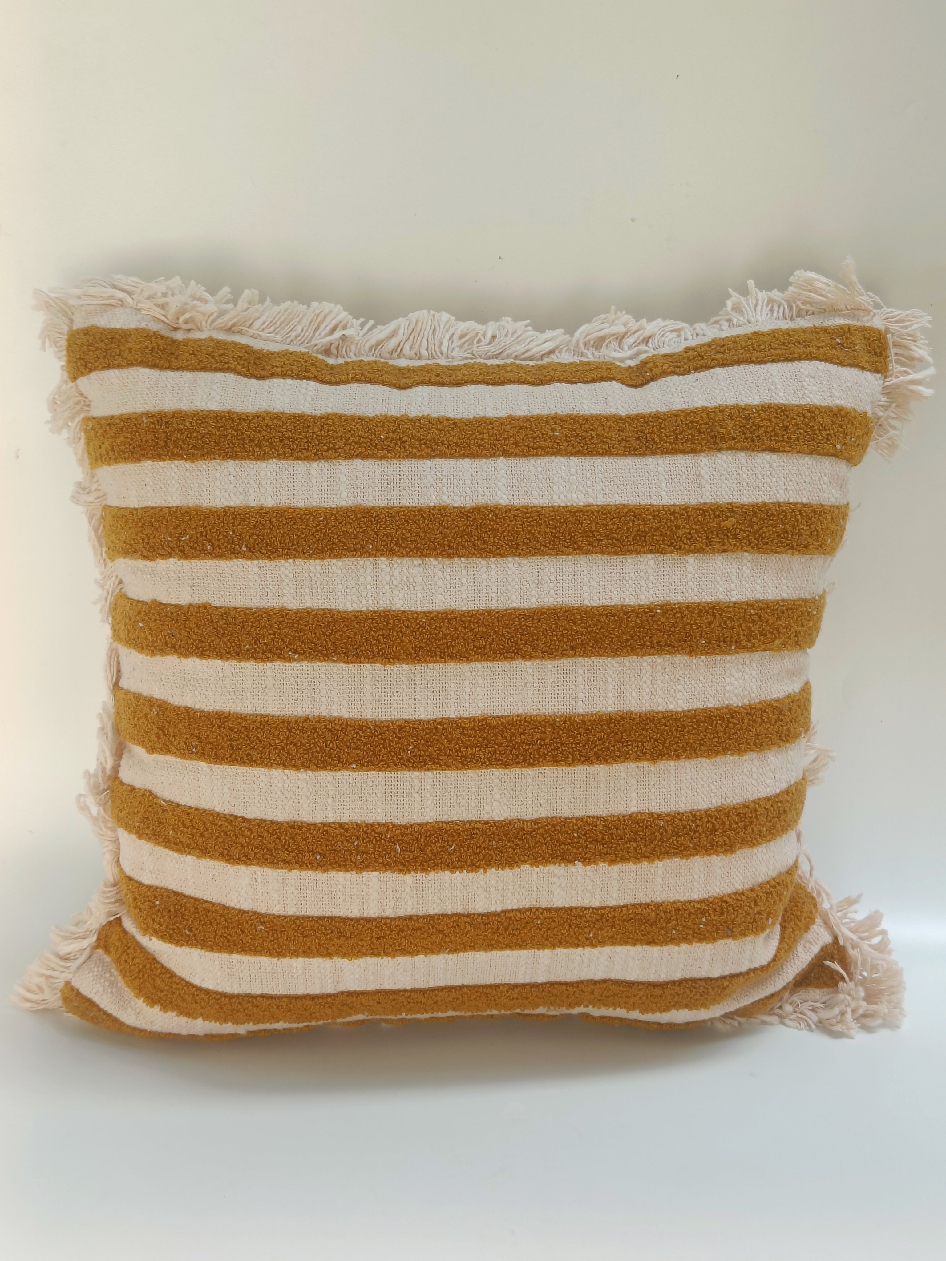 Golden Ochre Striped Cushion with Fringed Edges