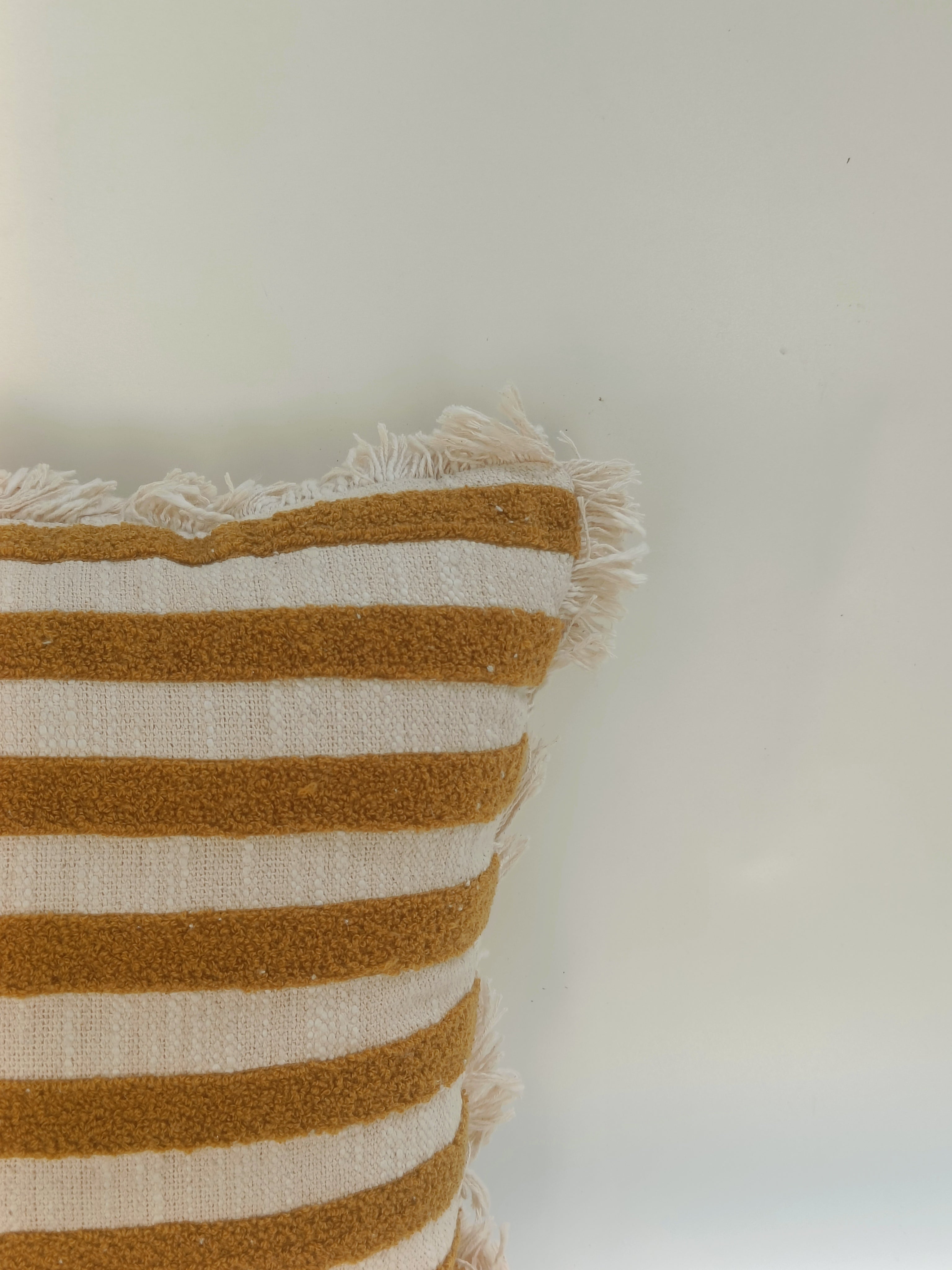 Golden Ochre Striped Cushion with Fringed Edges