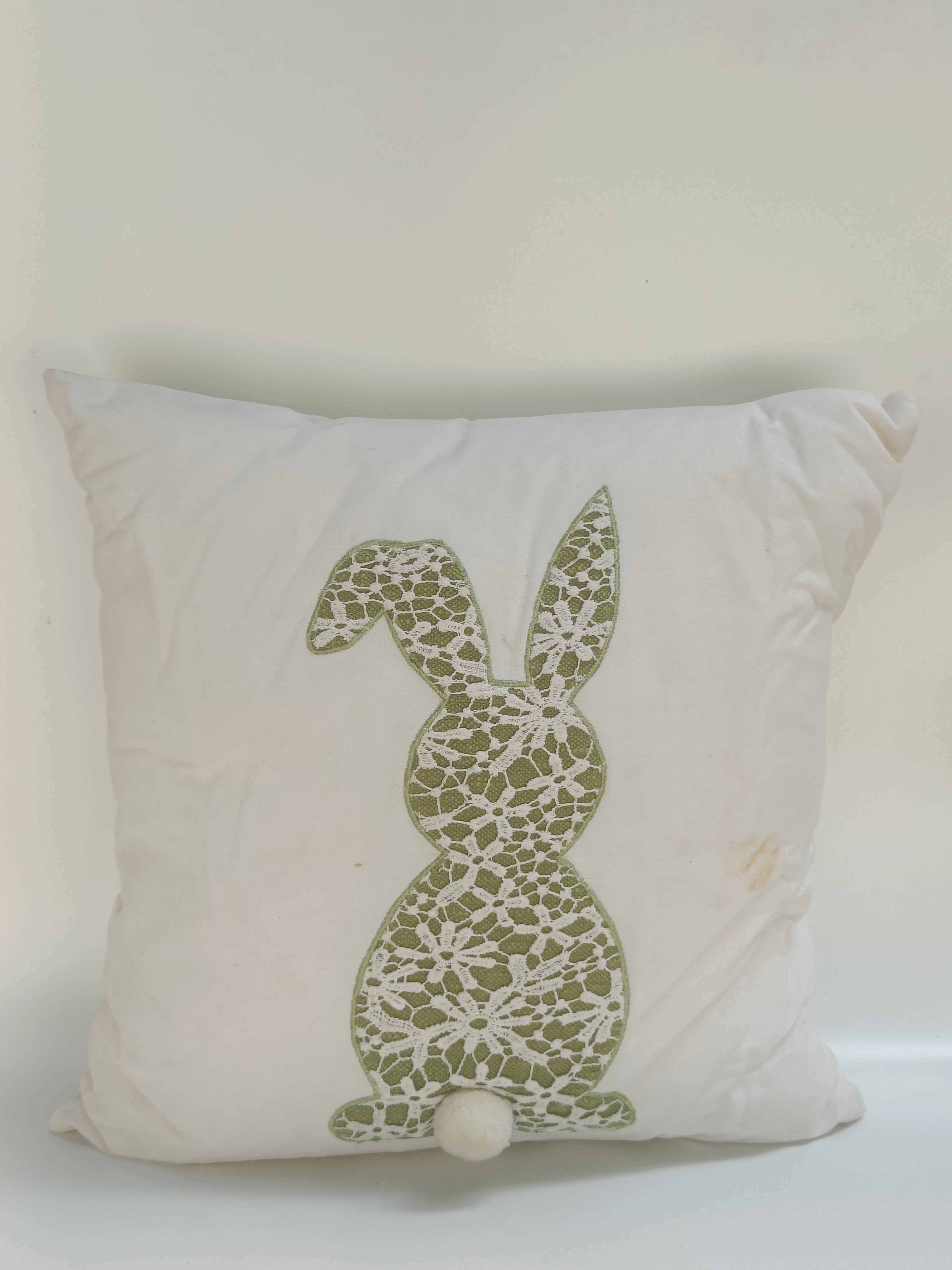 Lace Bunny Appliqué Cushion – 50 cm | White Cotton Throw Pillow with Pom-Pom Tail