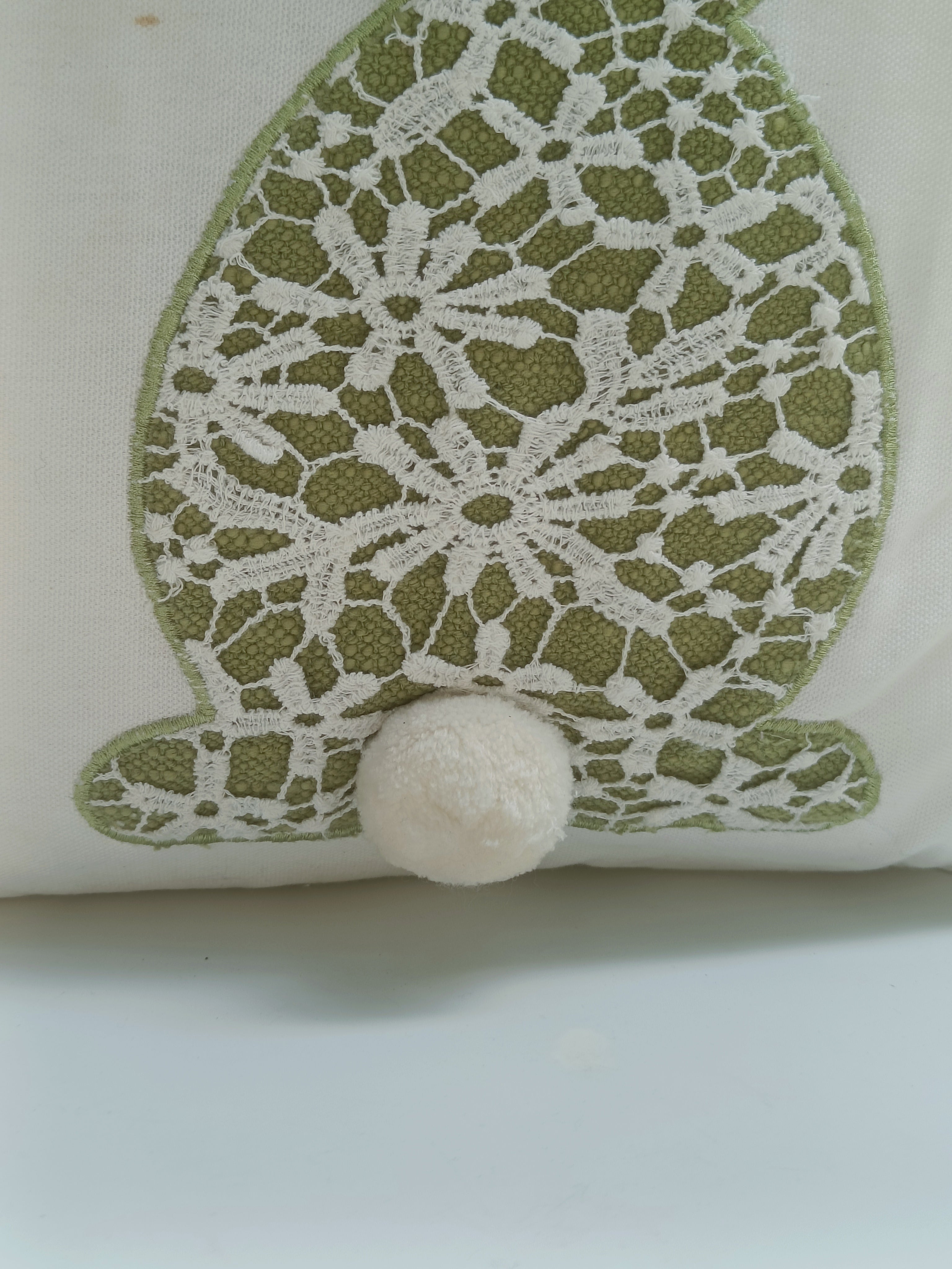 Lace Bunny Appliqué Cushion – 50 cm | White Cotton Throw Pillow with Pom-Pom Tail