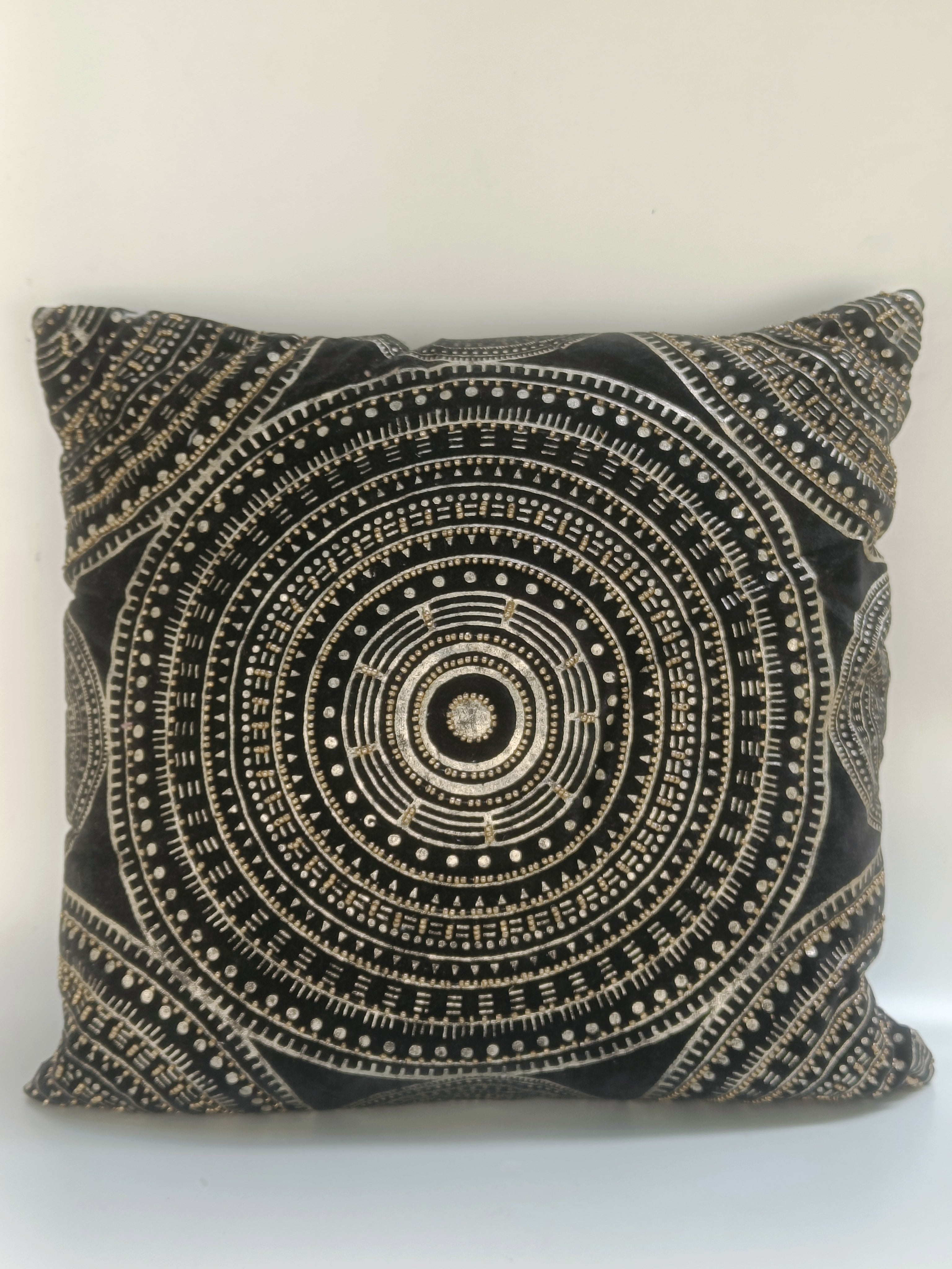 Boho Luxe Mandala Velvet Cushion – 50 cm | Hand-Embroidered Accent Pillow