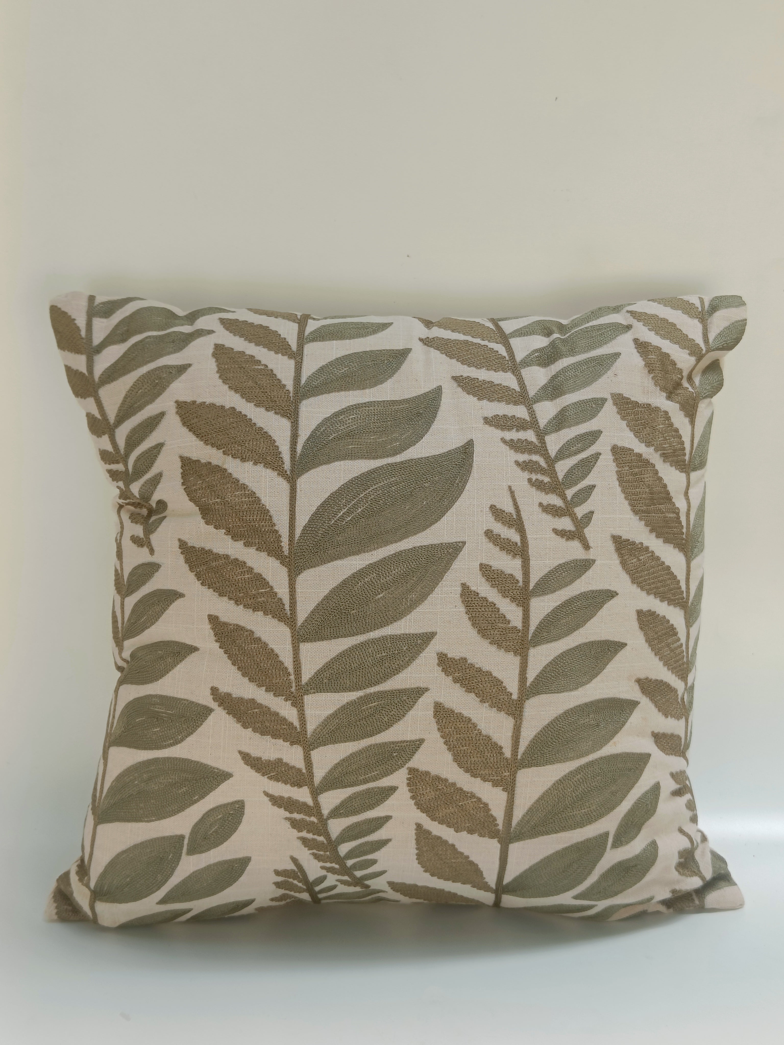 Botanical Leaf Embroidered Cushion – 40 cm | Nature-Inspired Throw Pillow