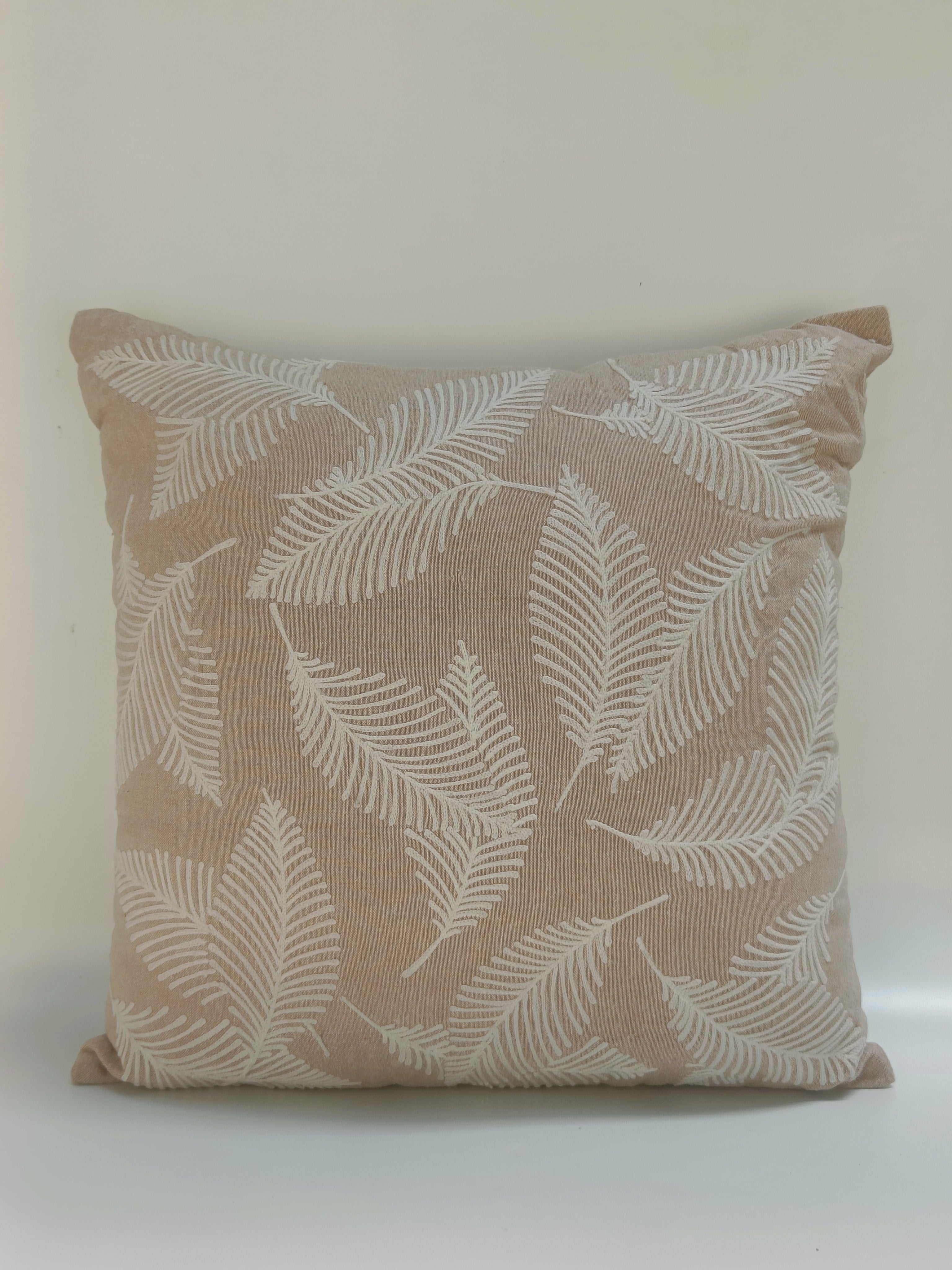 Beige Fern Leaf Cushion – 40.6 x 40.6 cm | Embroidered Cotton Pillow