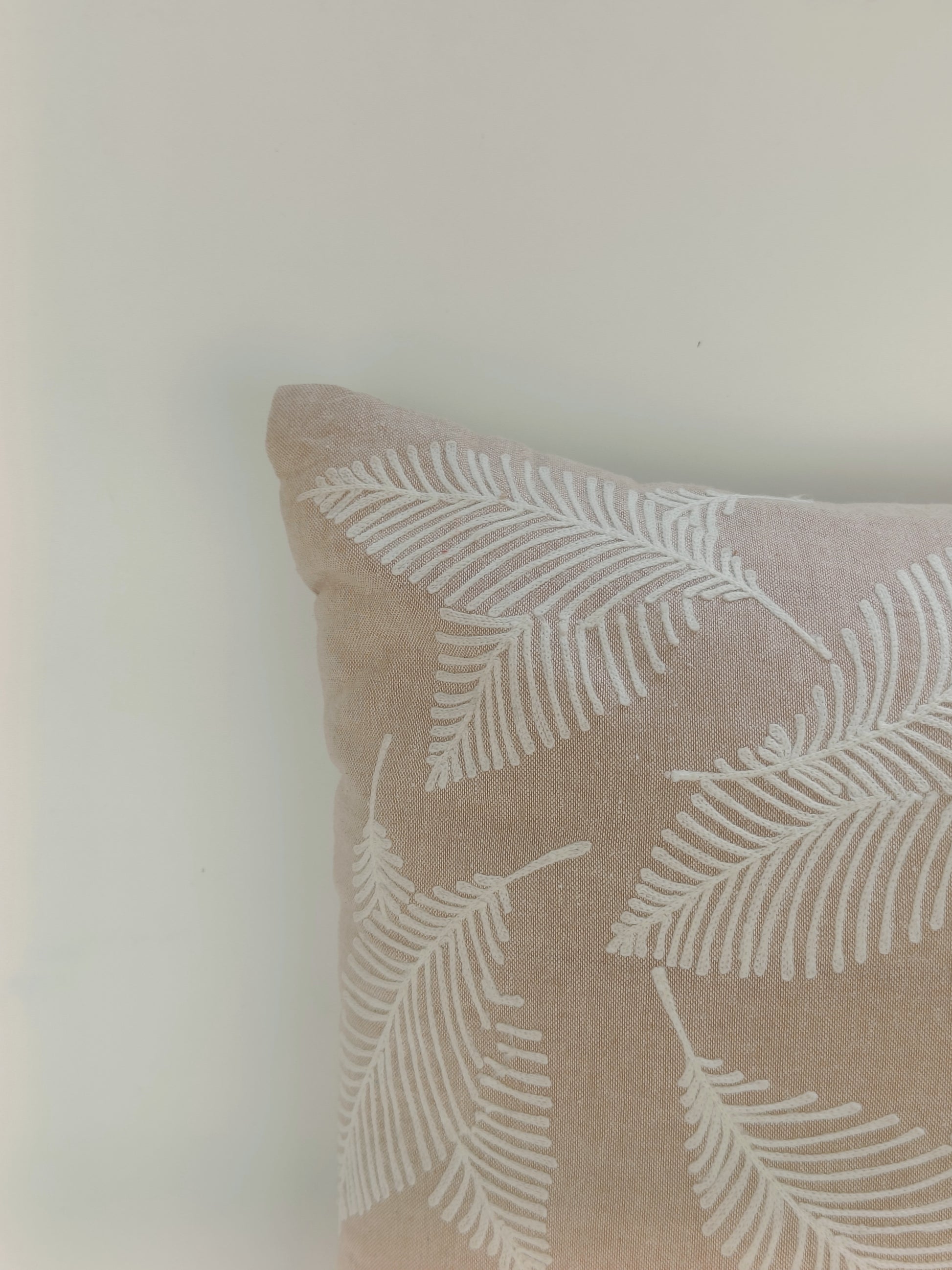 Beige Fern Leaf Cushion – 40.6 x 40.6 cm | Embroidered Cotton Pillow