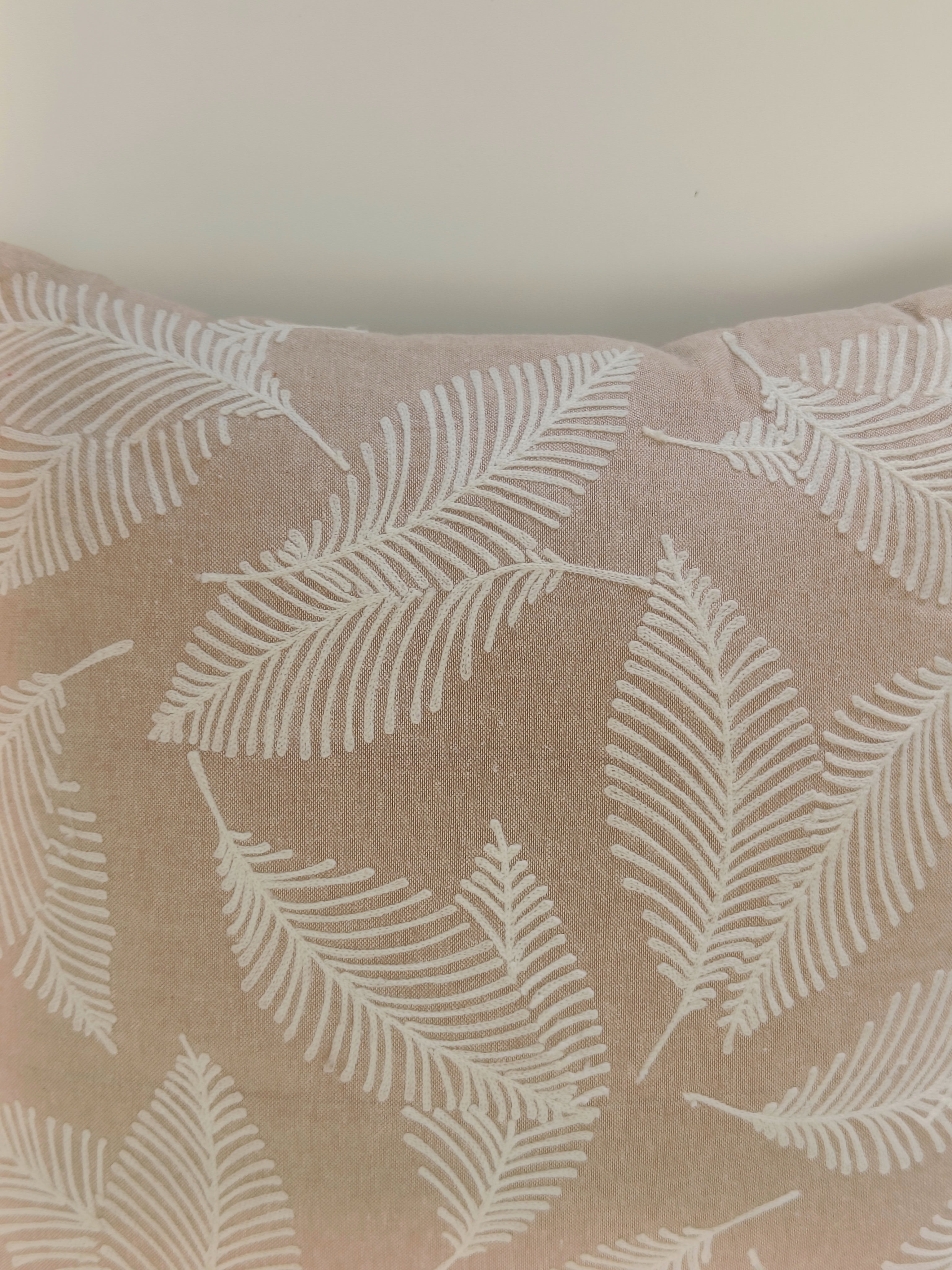 Beige Fern Leaf Cushion – 40.6 x 40.6 cm | Embroidered Cotton Pillow