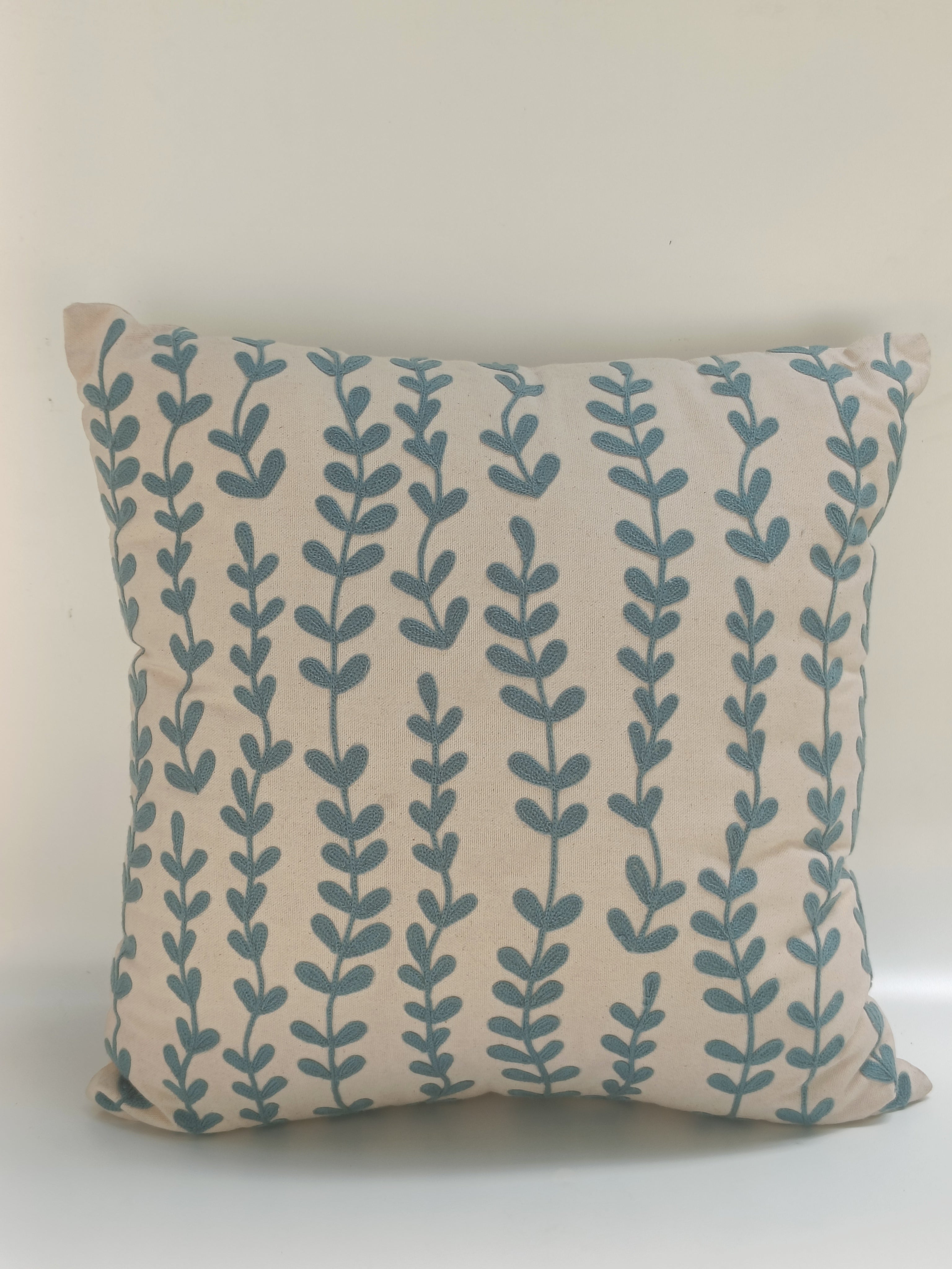 Botanical Blue Leaf Cushion – Nature-Inspired Cotton Pillow