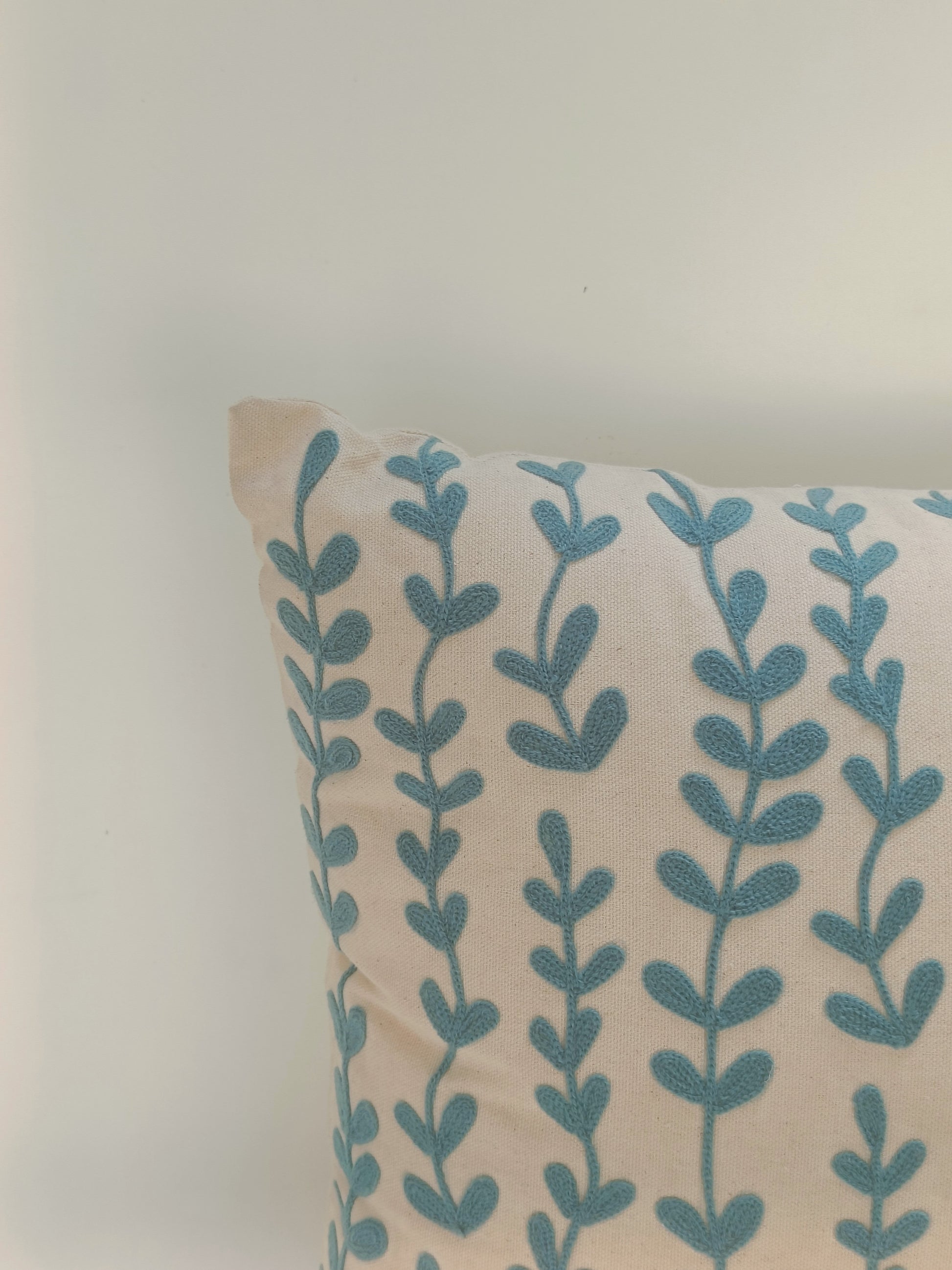Botanical Blue Leaf Cushion – Nature-Inspired Cotton Pillow