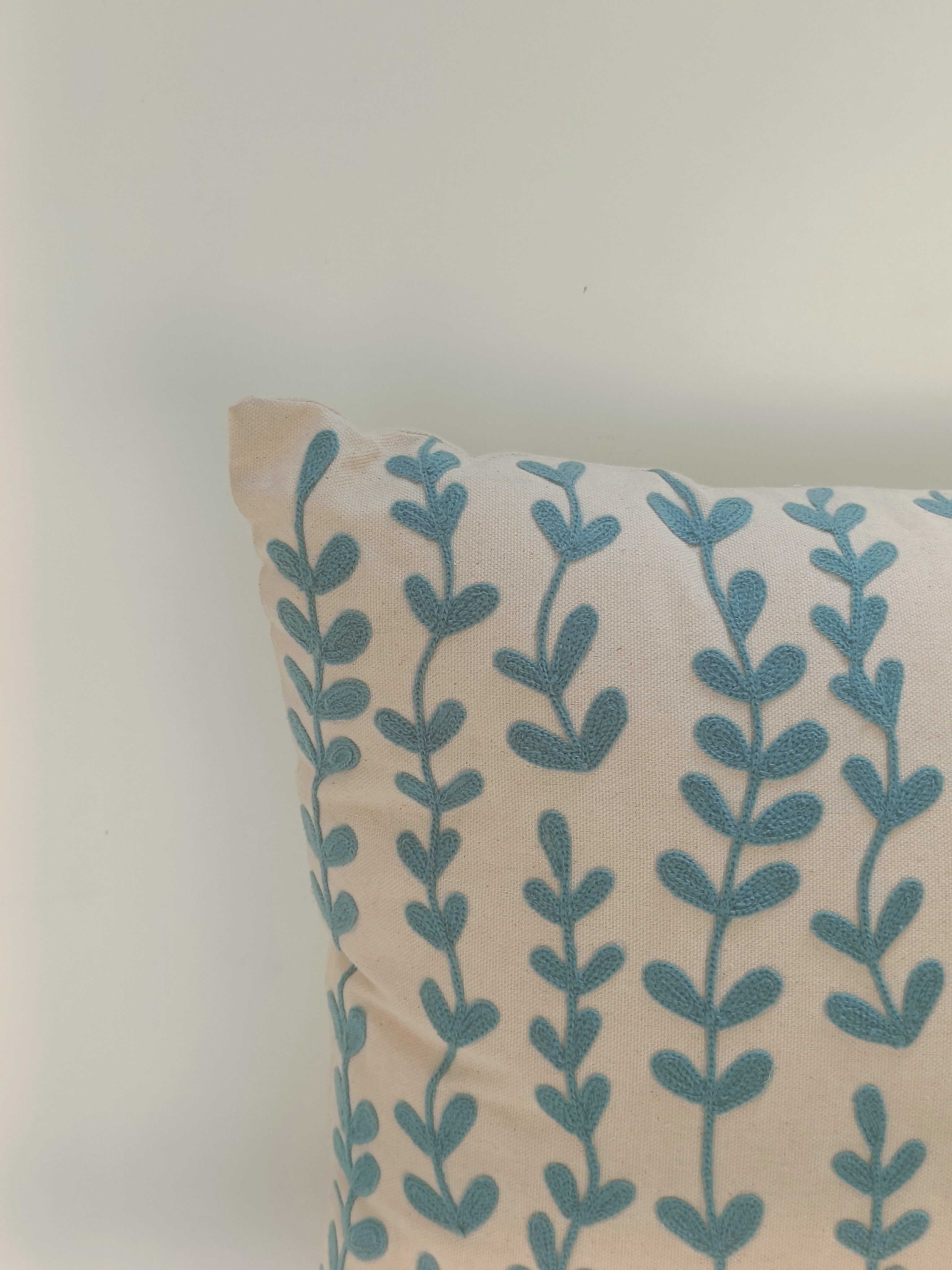 Botanical Blue Leaf Cushion – Nature-Inspired Cotton Pillow