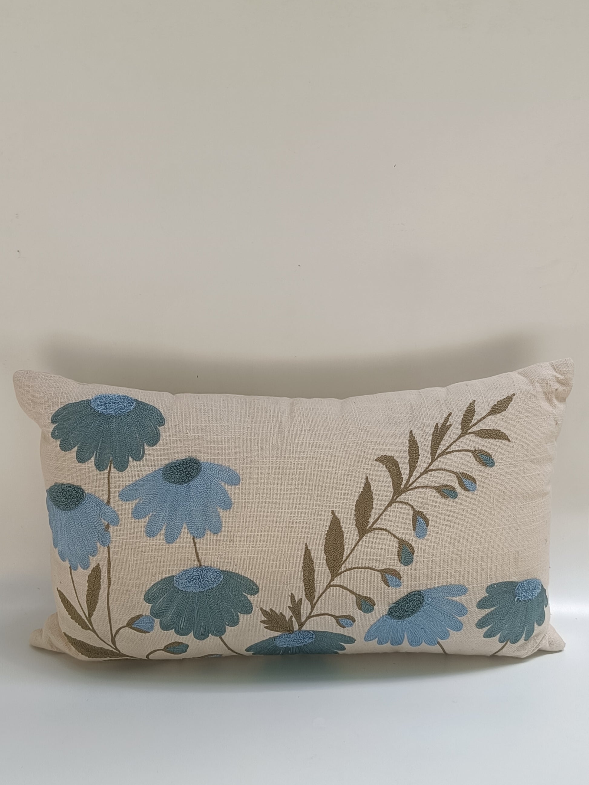 Embroidered Blue Daisy Cushion – 30x51 cm | Floral Accent Pillow