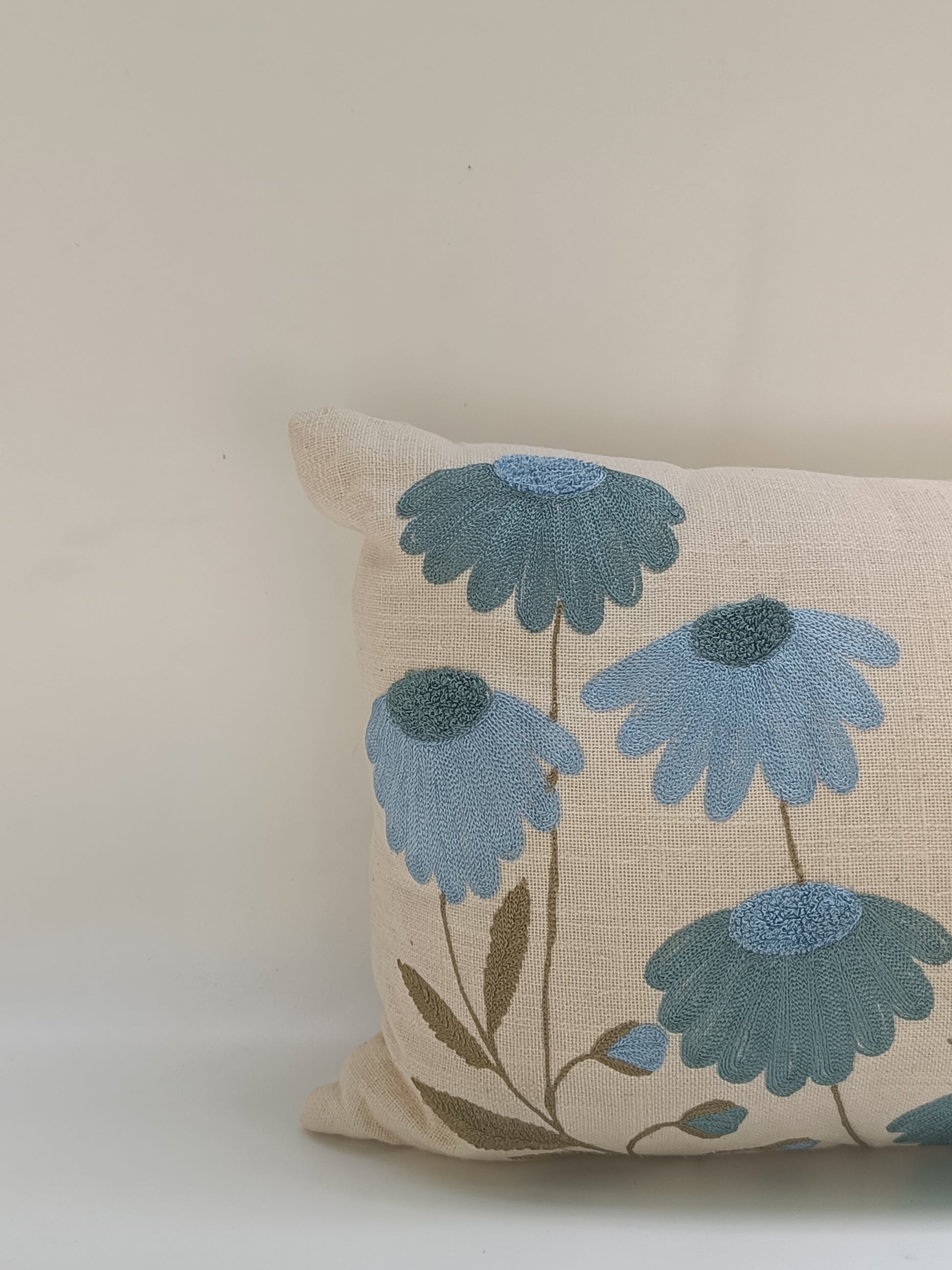 Embroidered Blue Daisy Cushion – 30x51 cm | Floral Accent Pillow
