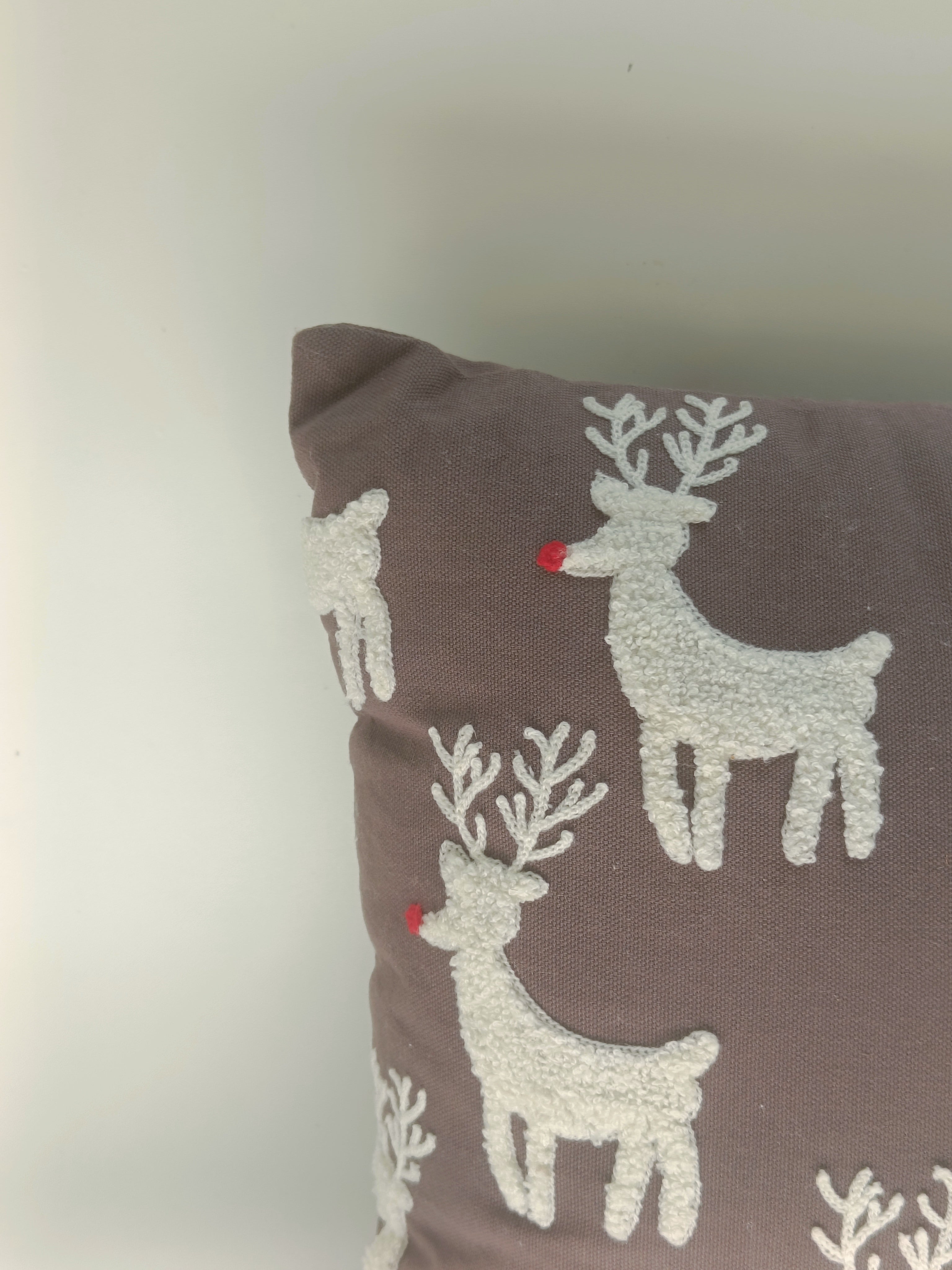 Festive Reindeer Embroidered Cushion – 40cm | Holiday Decor Accent
