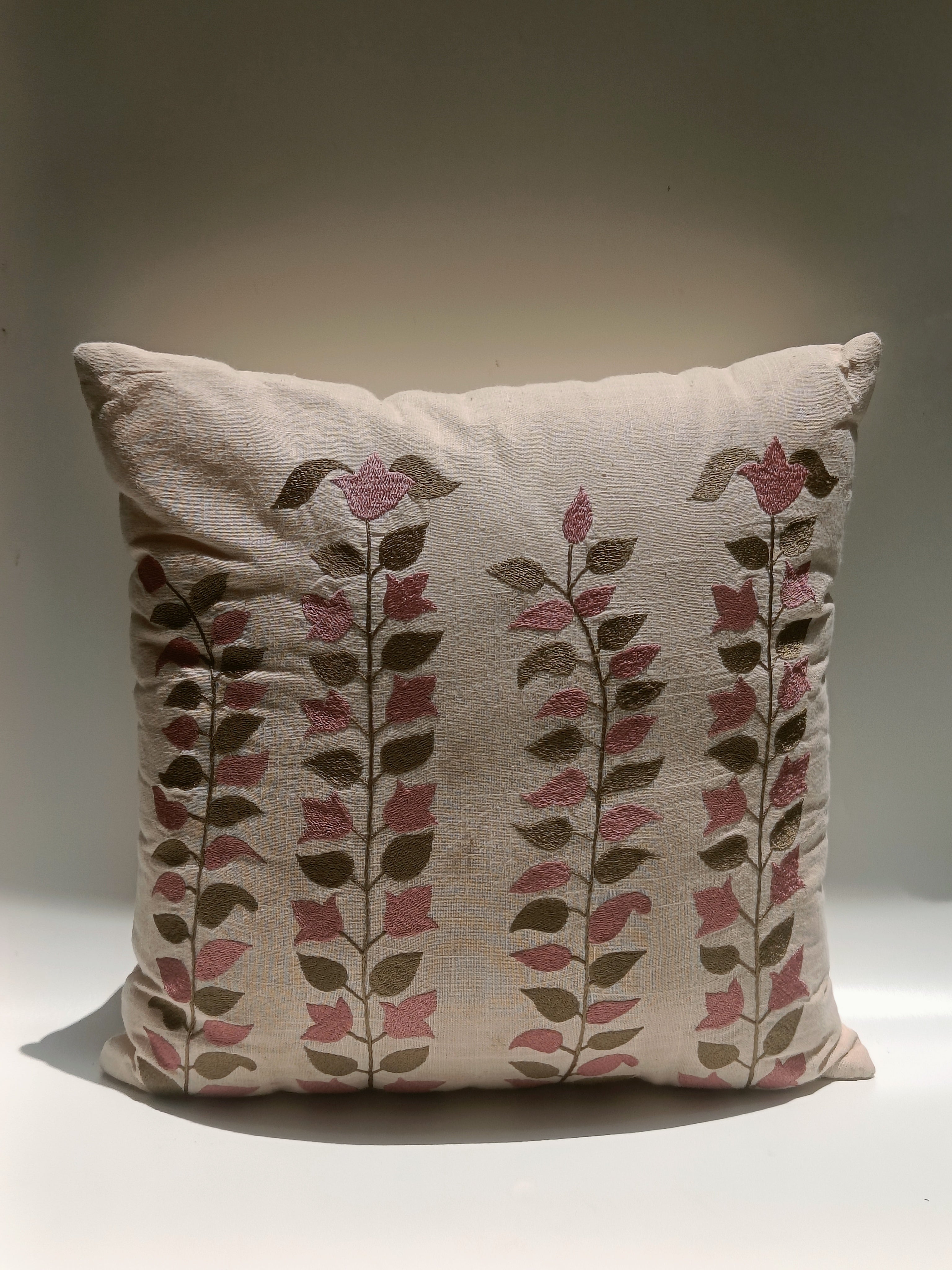Blush Botanical Embroidered Cushion – 40.6 x 40.6 cm | Soft Cotton Blend
