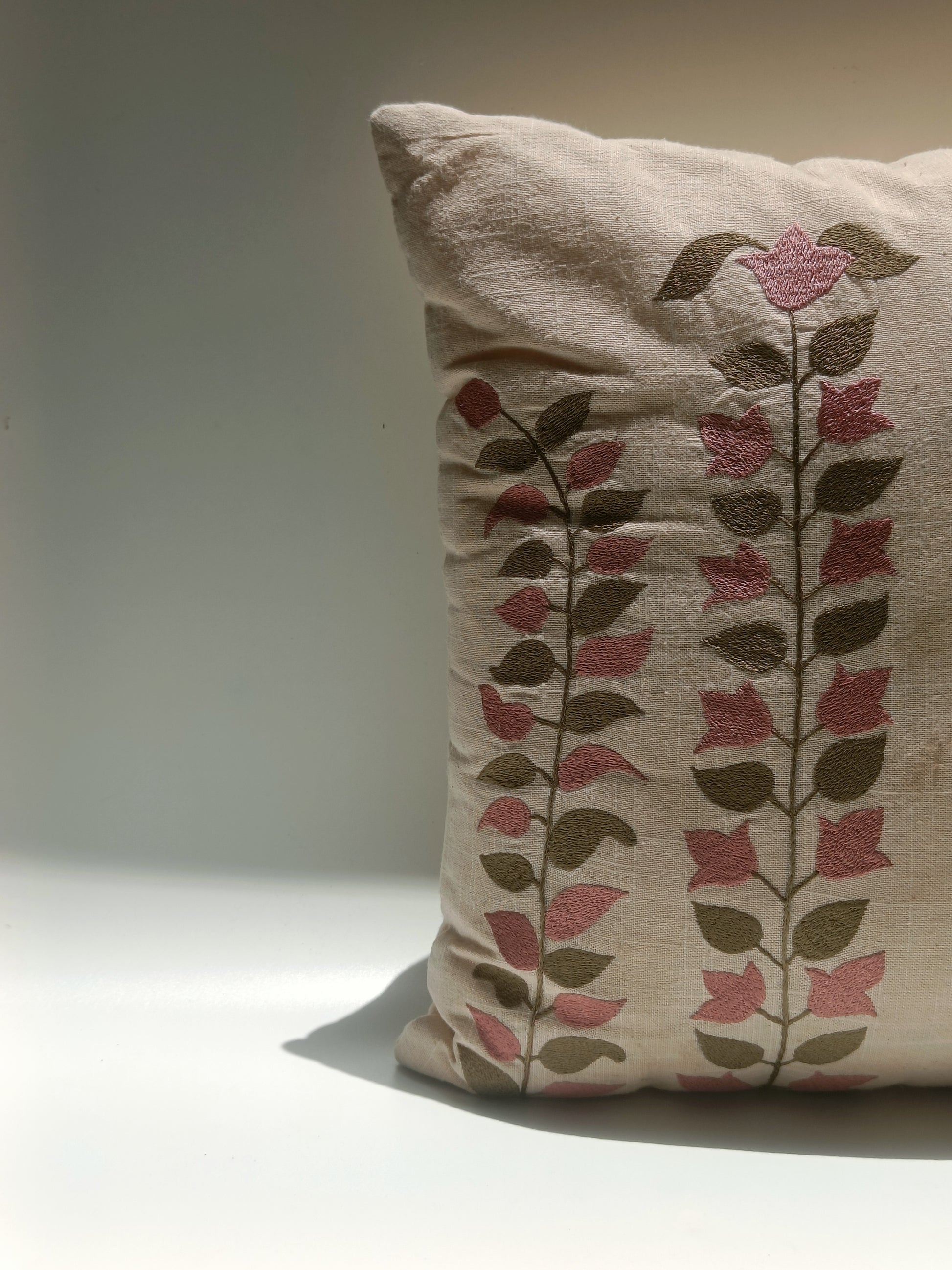 Blush Botanical Embroidered Cushion – 40.6 x 40.6 cm | Soft Cotton Blend