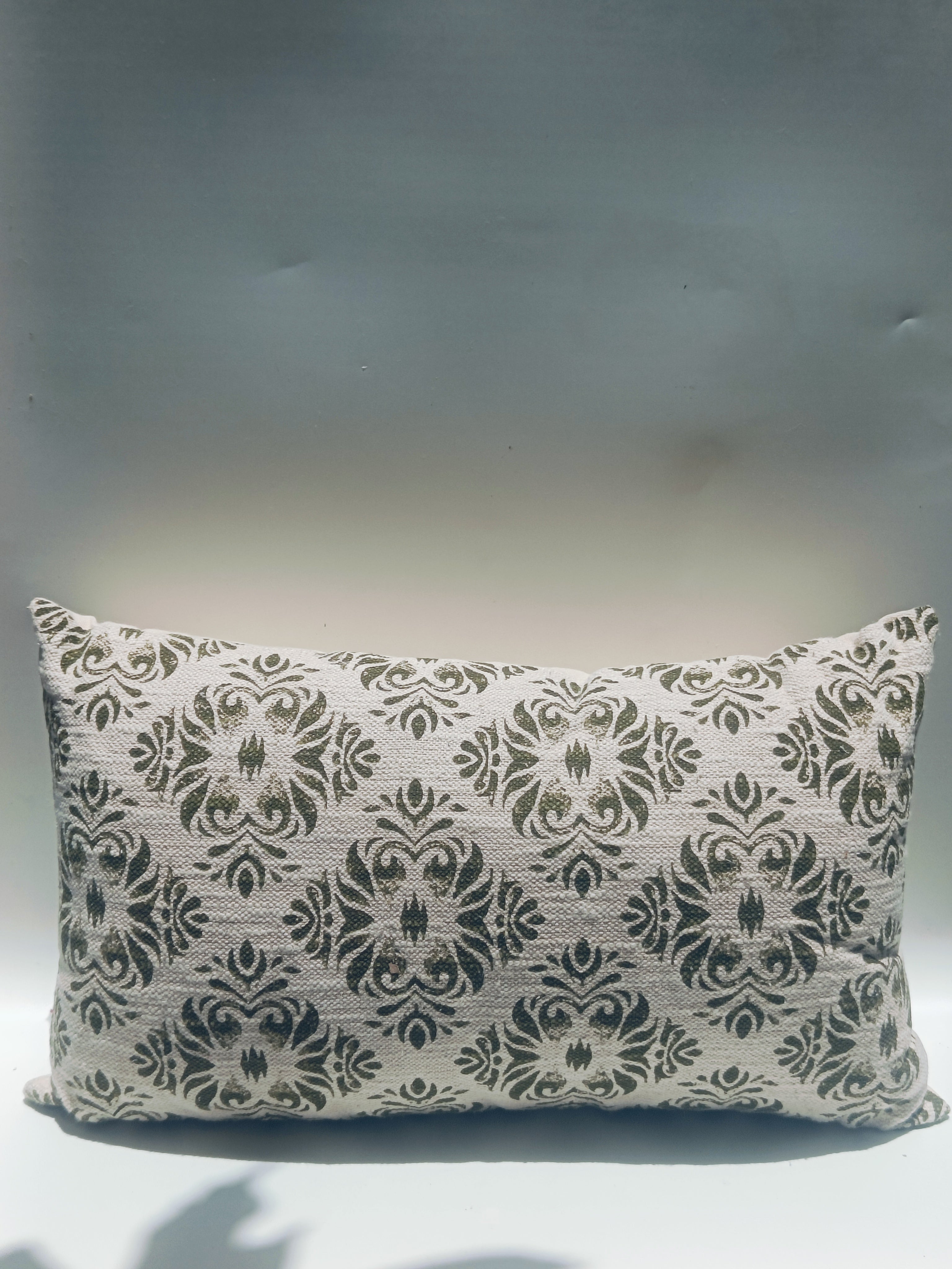 Vintage Damask Print Cushion – Olive Green on Natural Cotton