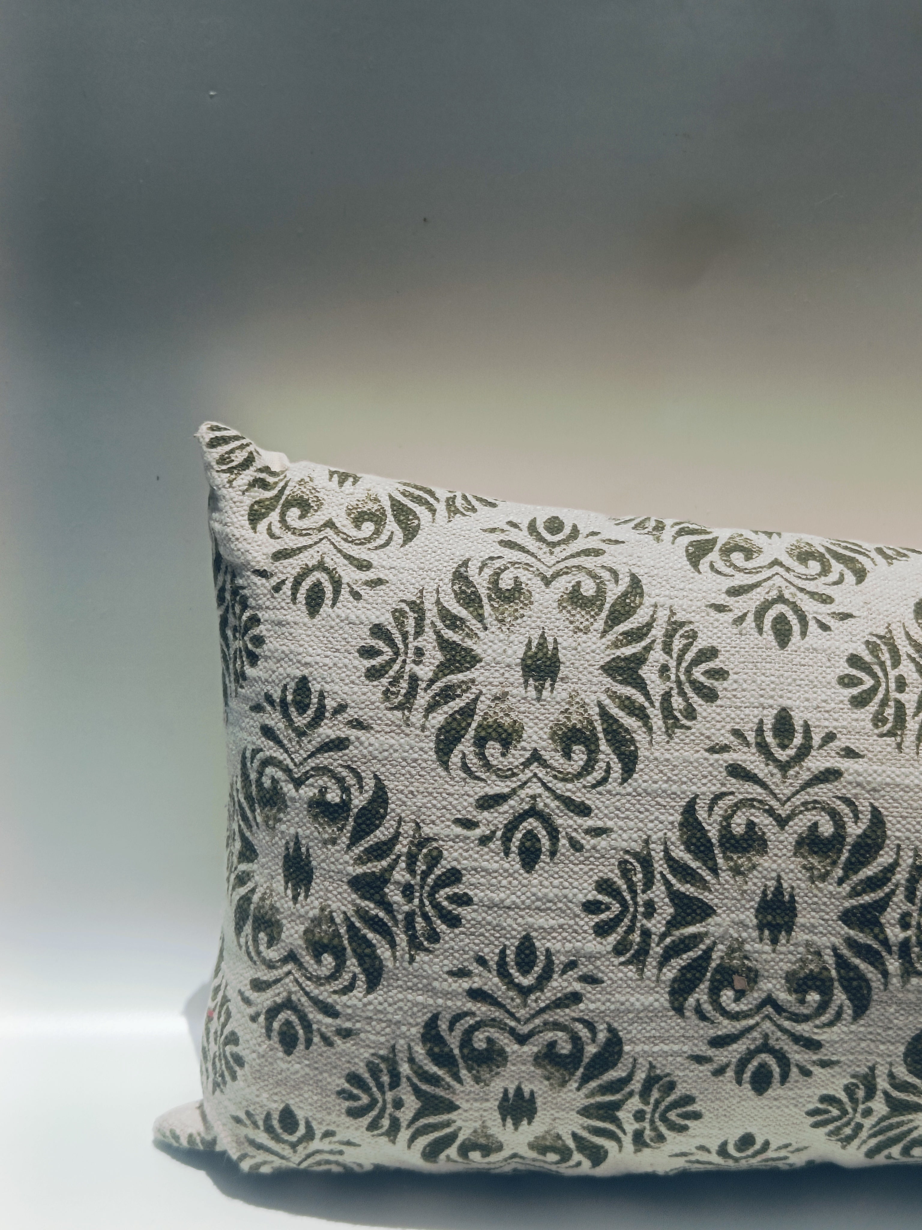 Vintage Damask Print Cushion – Olive Green on Natural Cotton