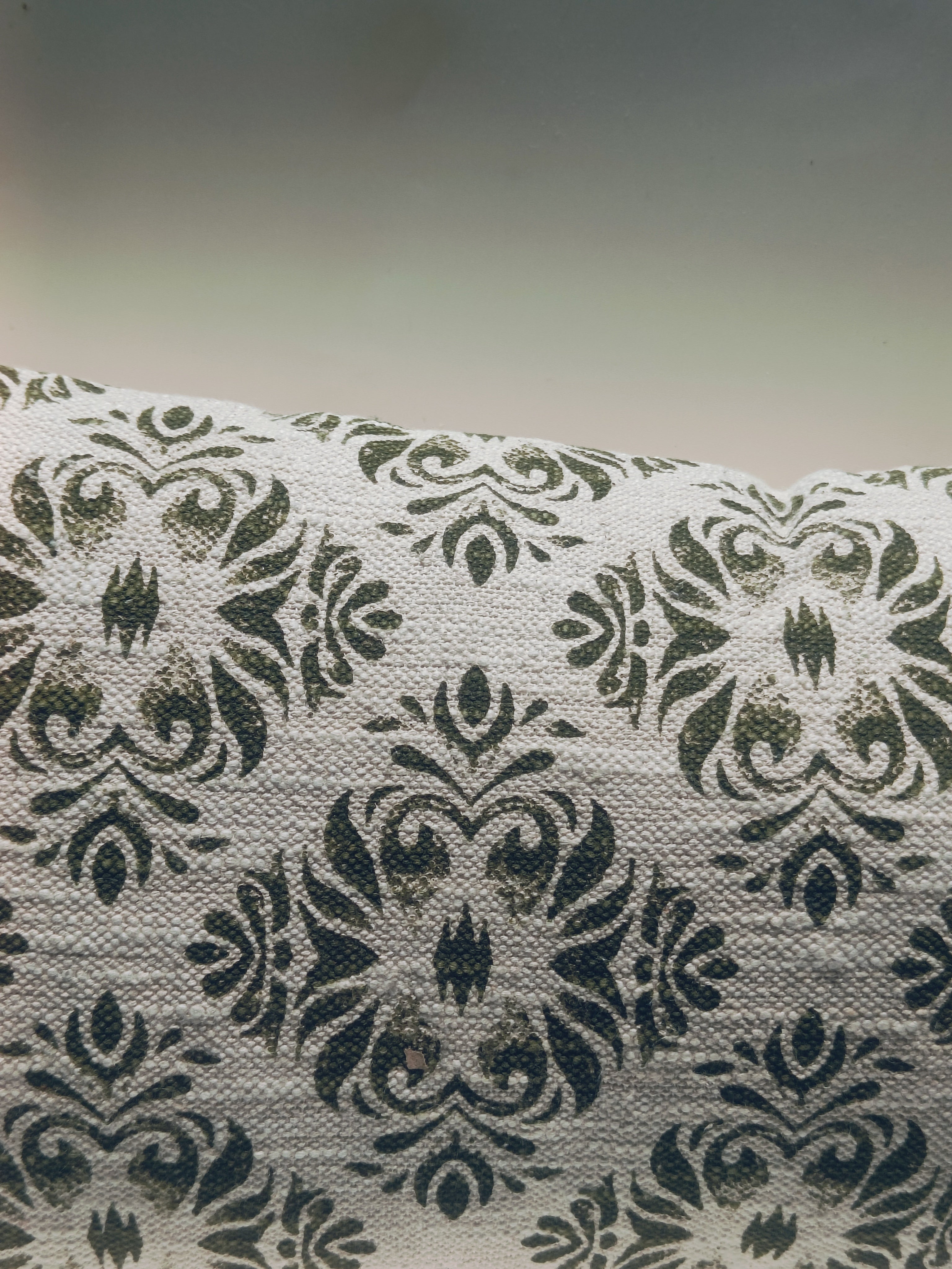 Vintage Damask Print Cushion – Olive Green on Natural Cotton