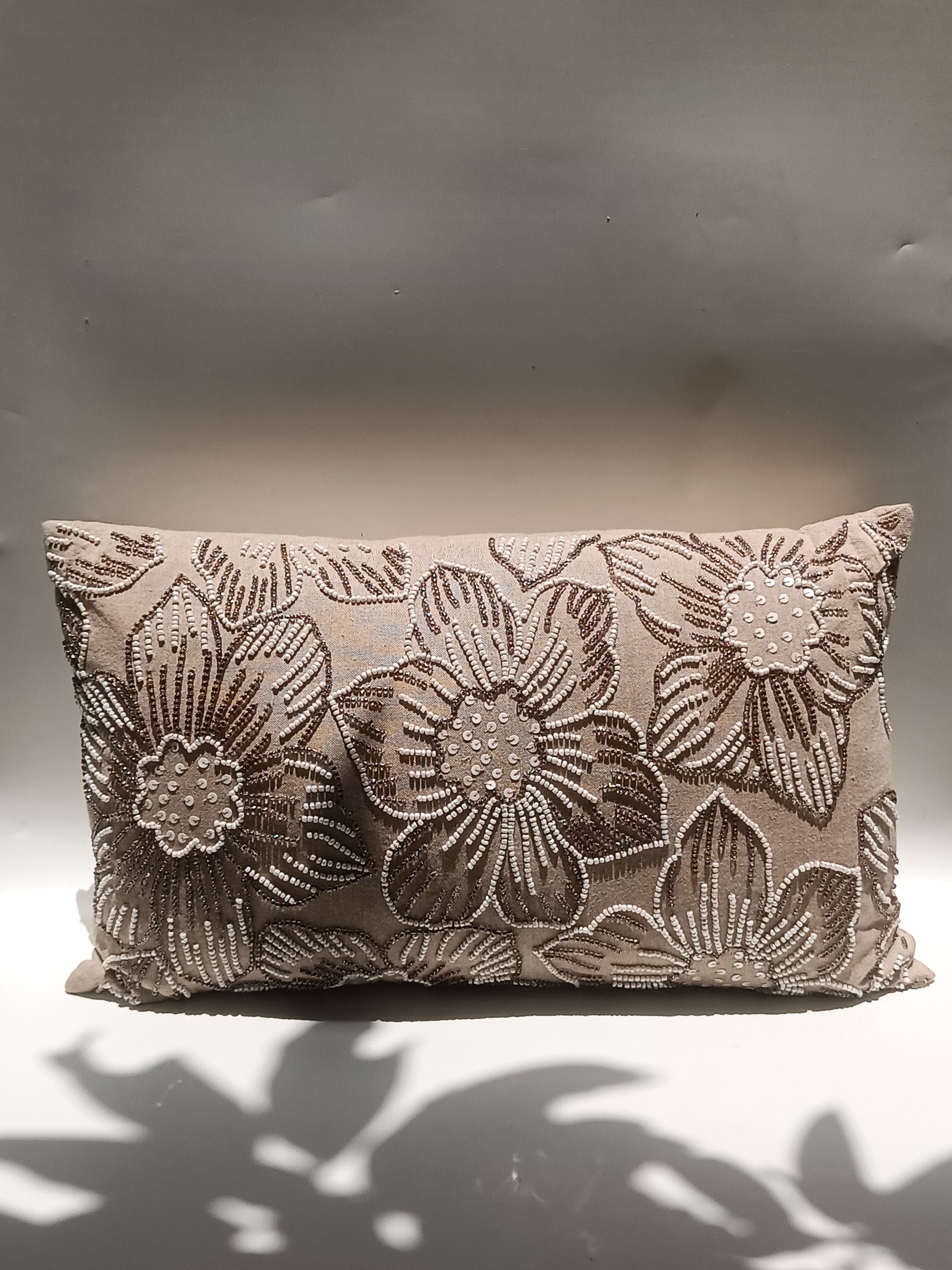 Embroidered Velvet Cushion with Floral Beadwork – Champagne Beige