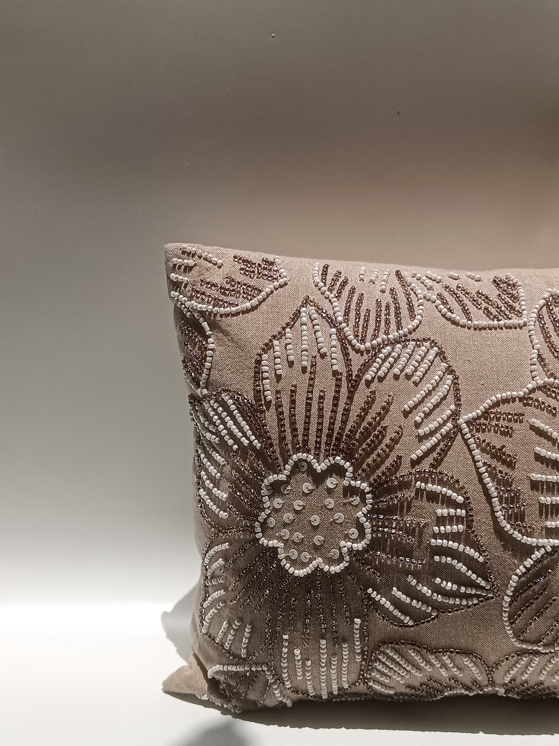 Embroidered Velvet Cushion with Floral Beadwork – Champagne Beige